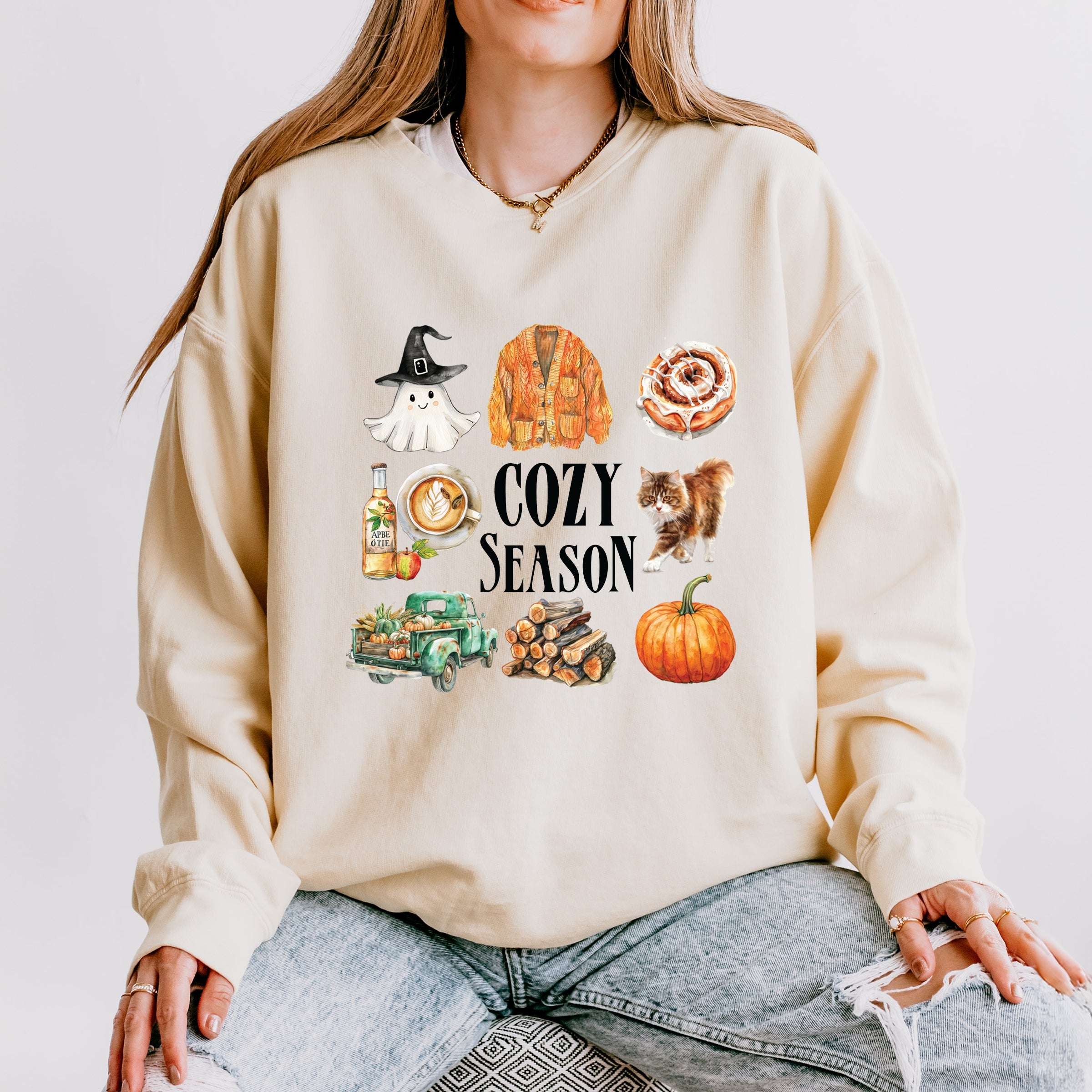 Cozy Season Watercolor Icons - Women's Lightweight Garment Dyed Sweatshirt
