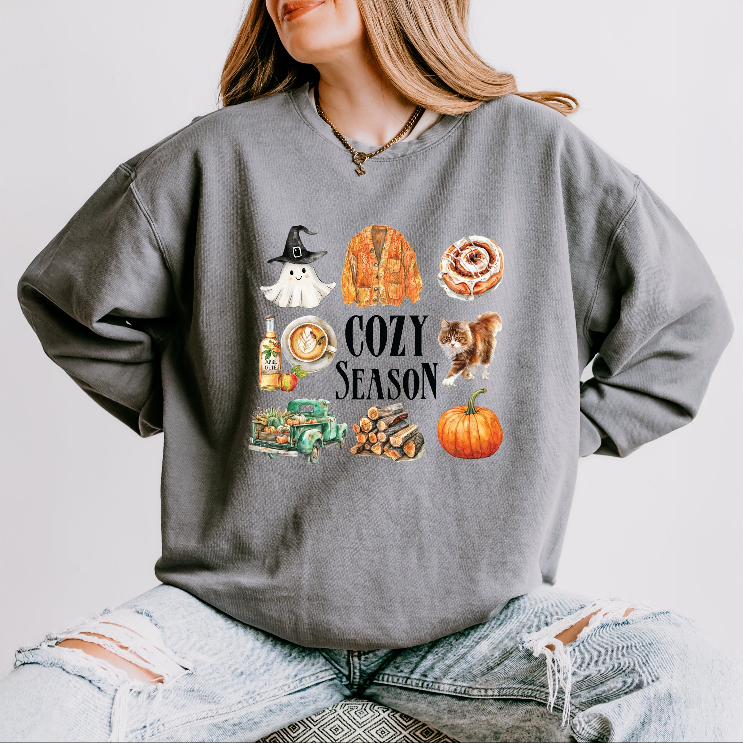 Cozy Season Watercolor Icons - Women's Lightweight Garment Dyed Sweatshirt