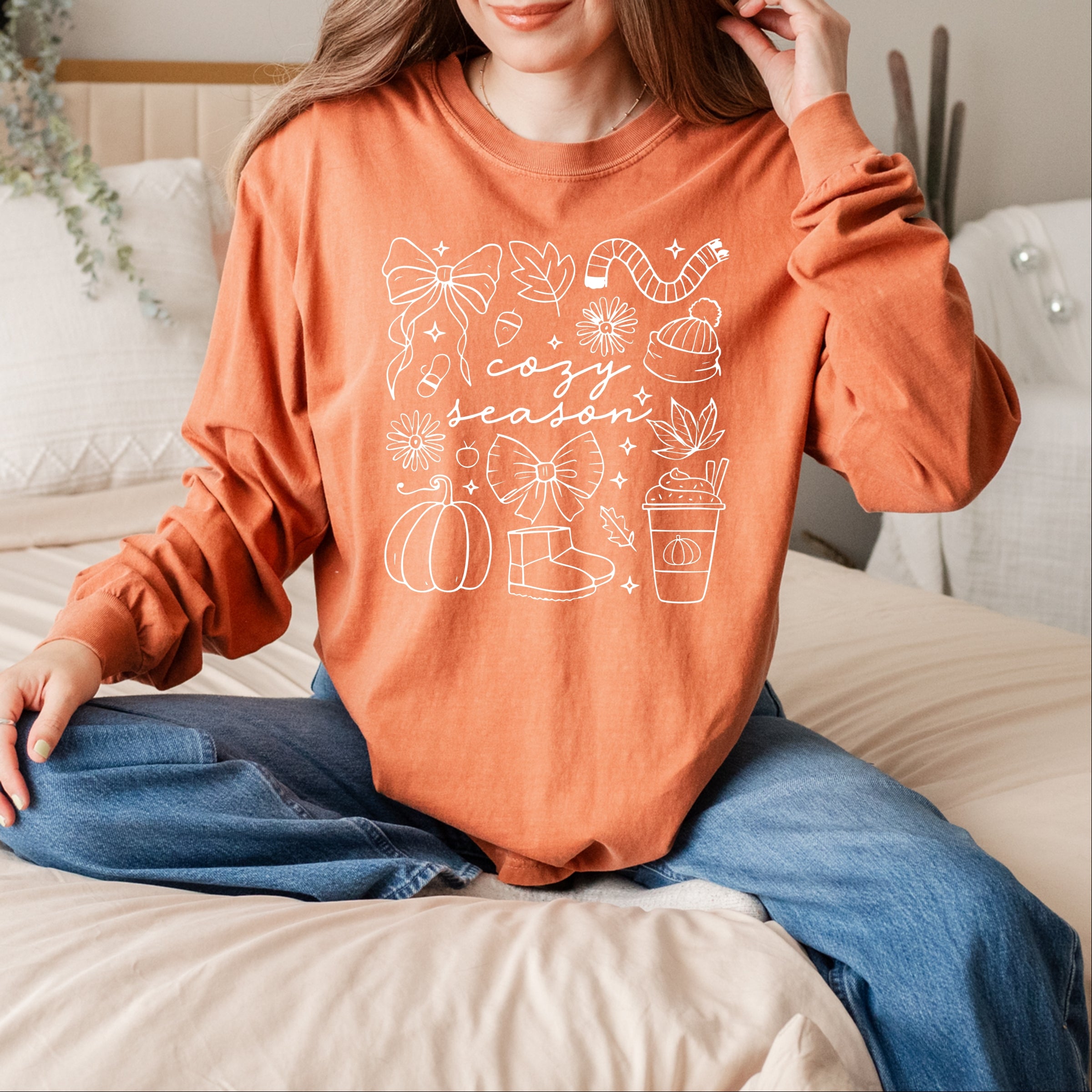 Cozy Season Coquette Icons - Womens Garment Dyed Long Sleeve