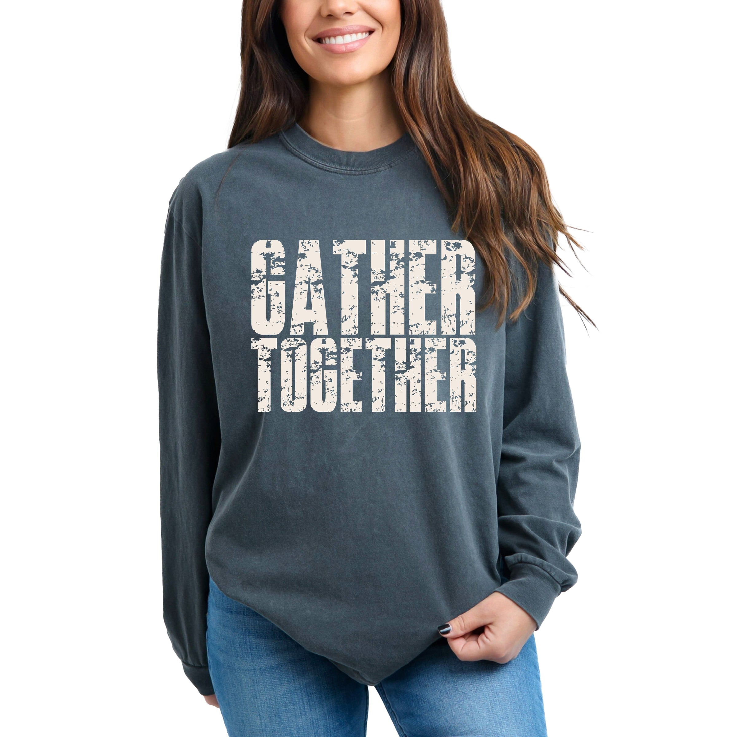 Gather Together Block Distressed - Women's Garment Dyed Long Sleeve Graphic T-Shirt