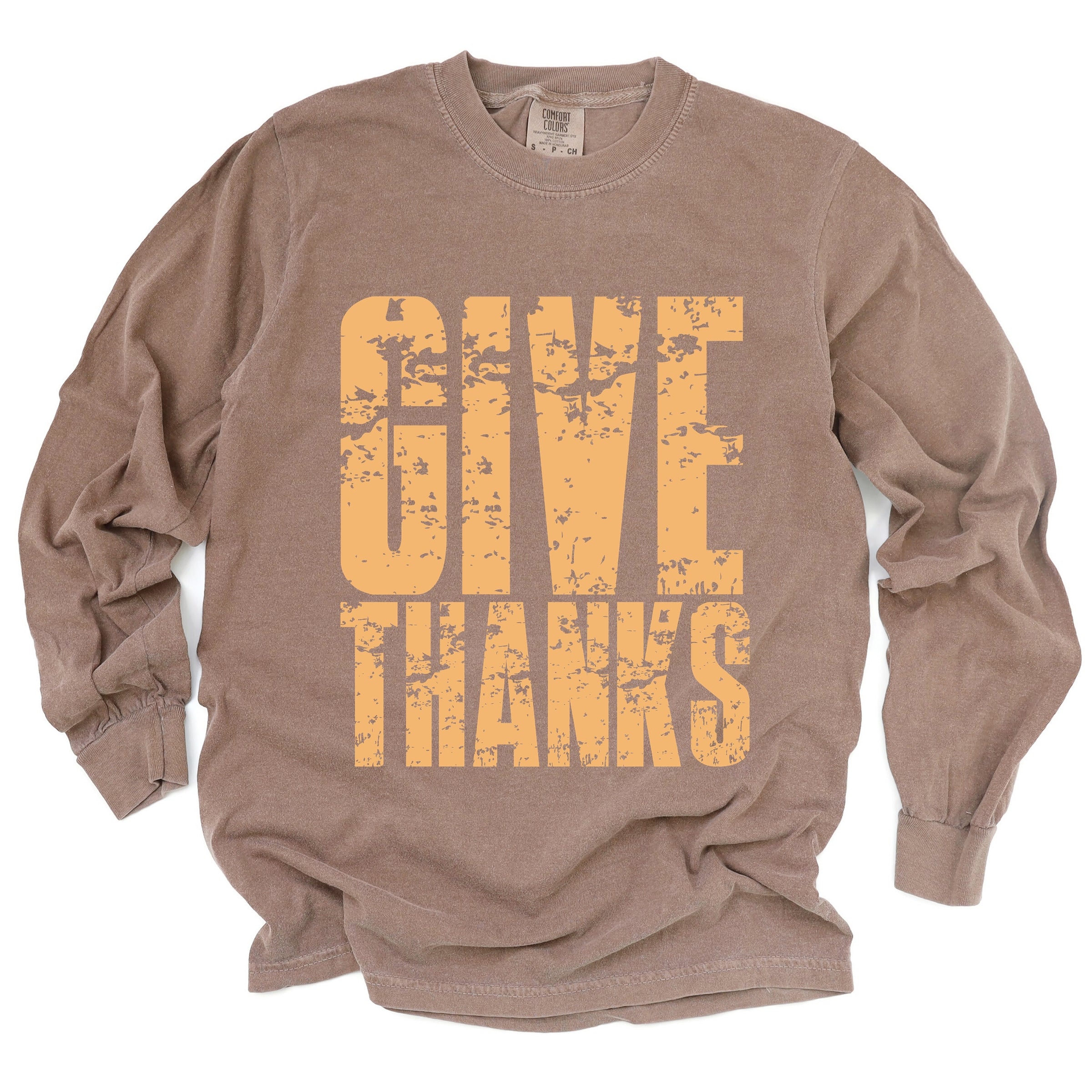 Give Thanks Block Distressed - Women's Garment Dyed Long Sleeve Graphic T-Shirt
