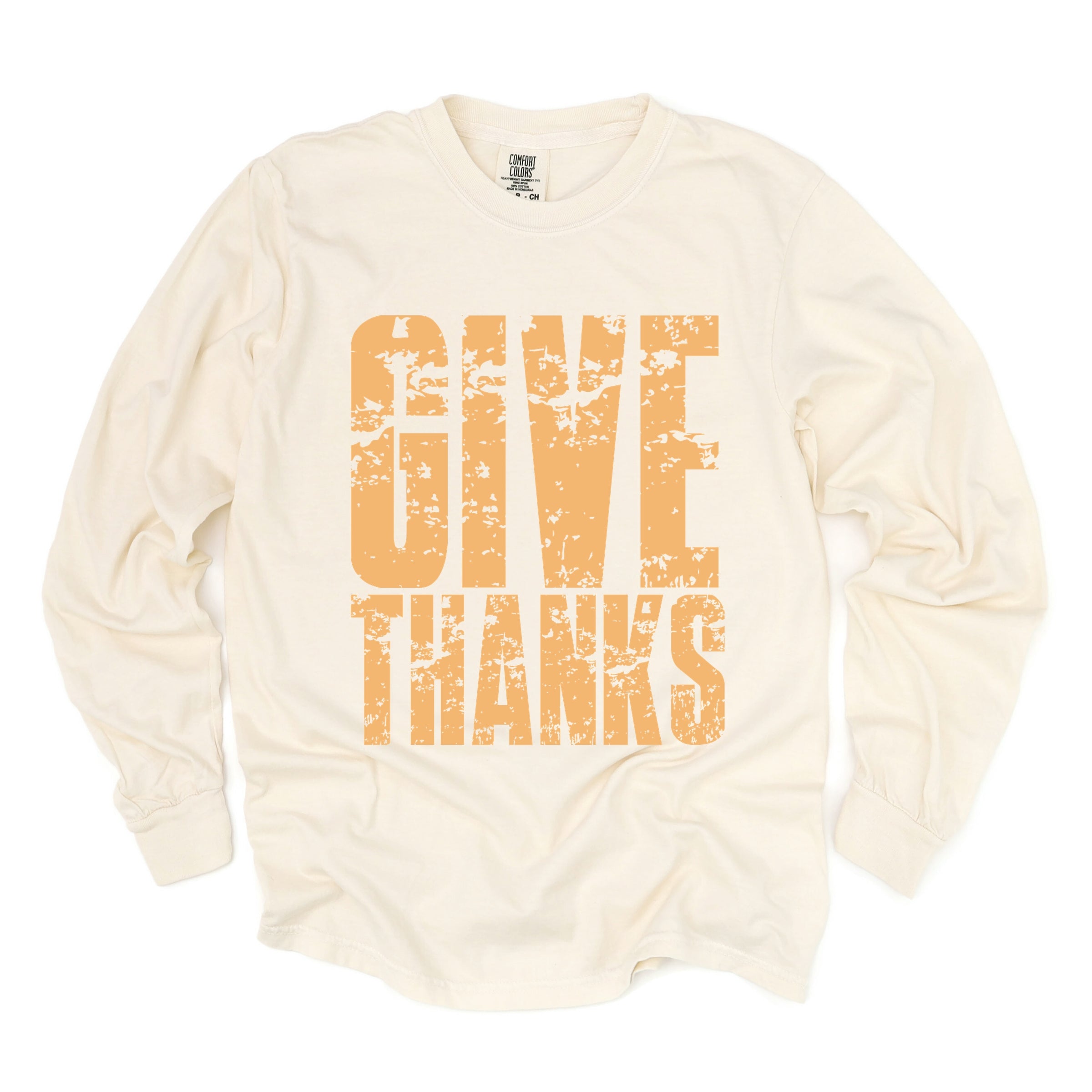 Give Thanks Block Distressed - Women's Garment Dyed Long Sleeve Graphic T-Shirt