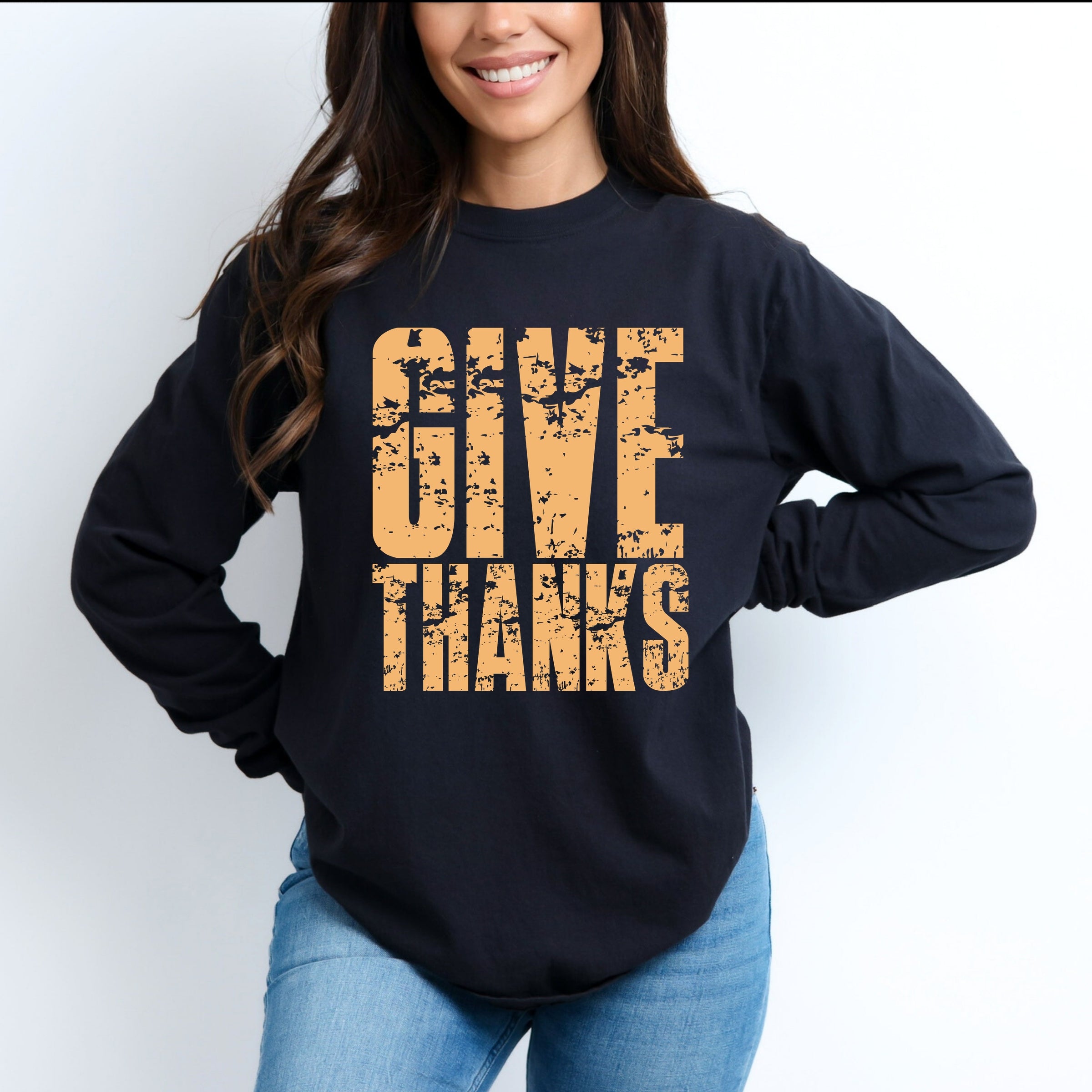 Give Thanks Block Distressed - Women's Garment Dyed Long Sleeve Graphic T-Shirt