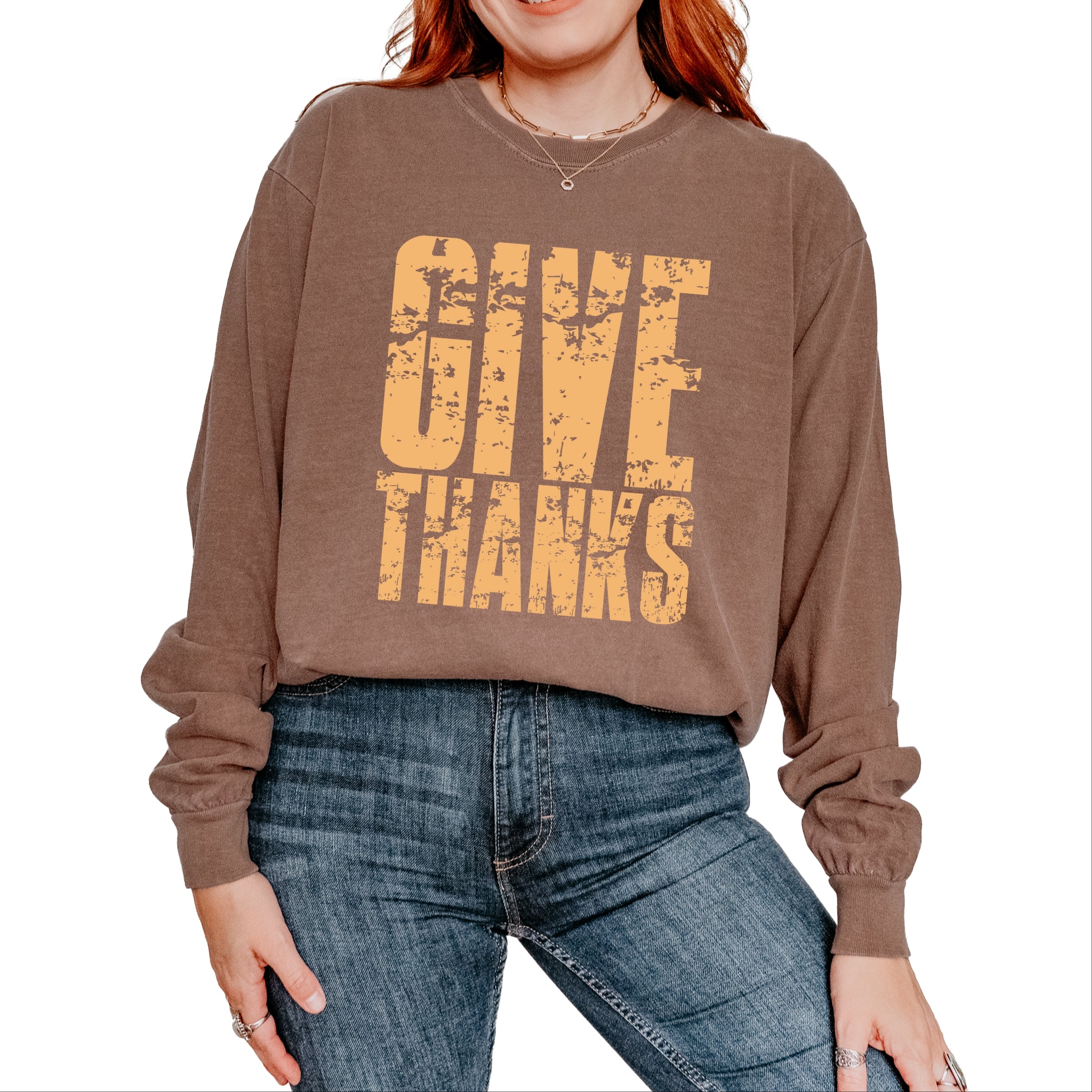 Give Thanks Block Distressed - Women's Garment Dyed Long Sleeve Graphic T-Shirt