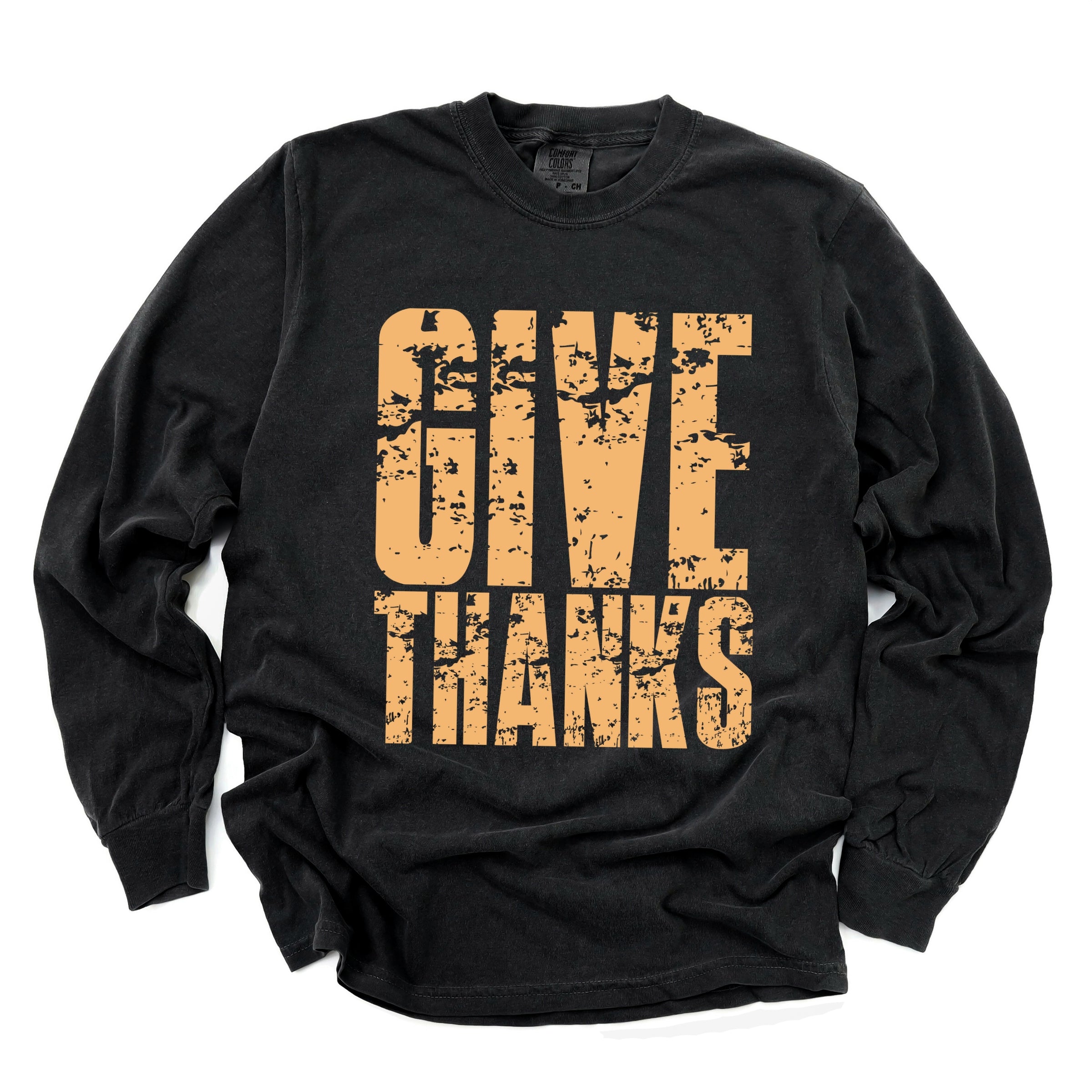 Give Thanks Block Distressed - Women's Garment Dyed Long Sleeve Graphic T-Shirt