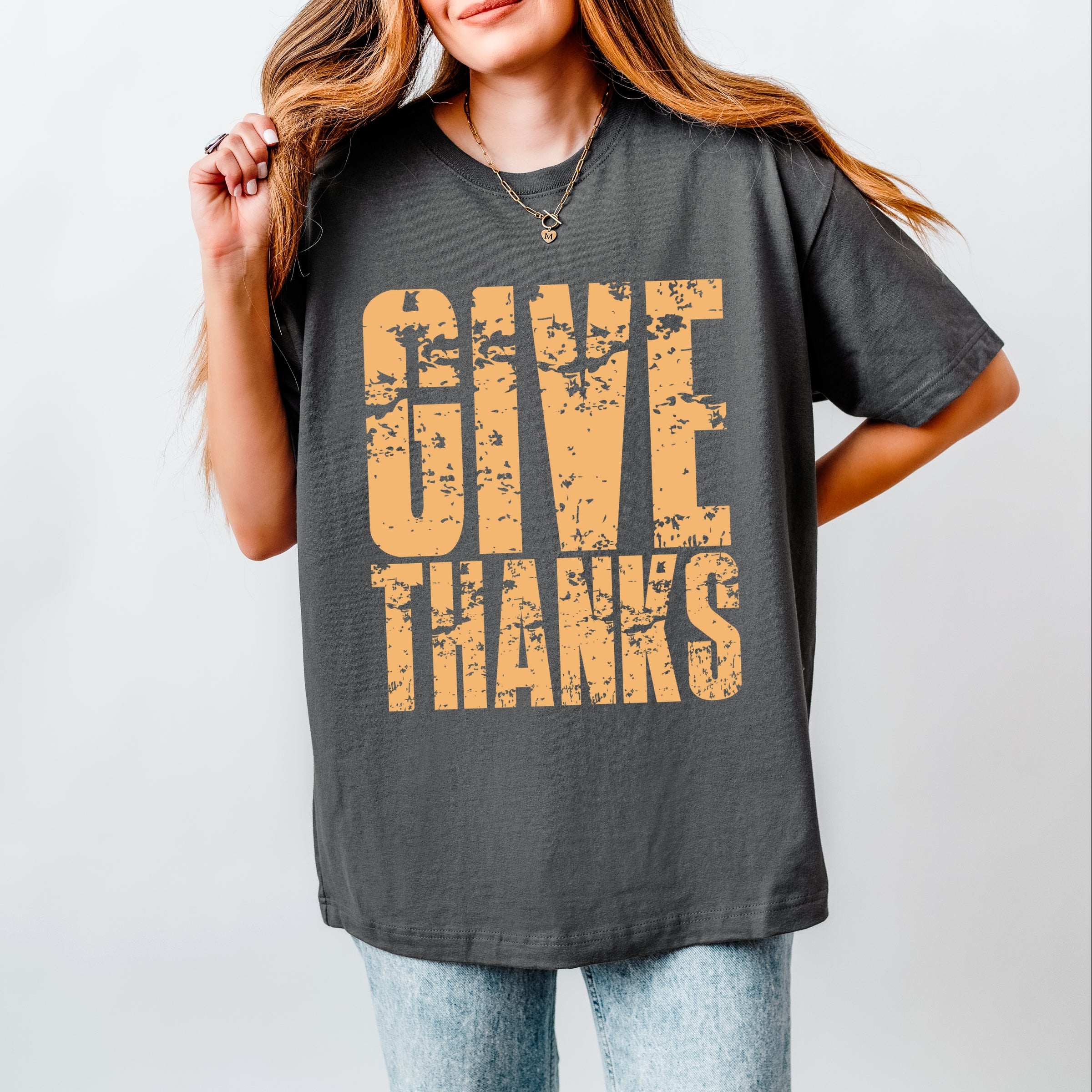 Give Thanks Block Distressed - Women's Heavyweight Graphic T-Shirt