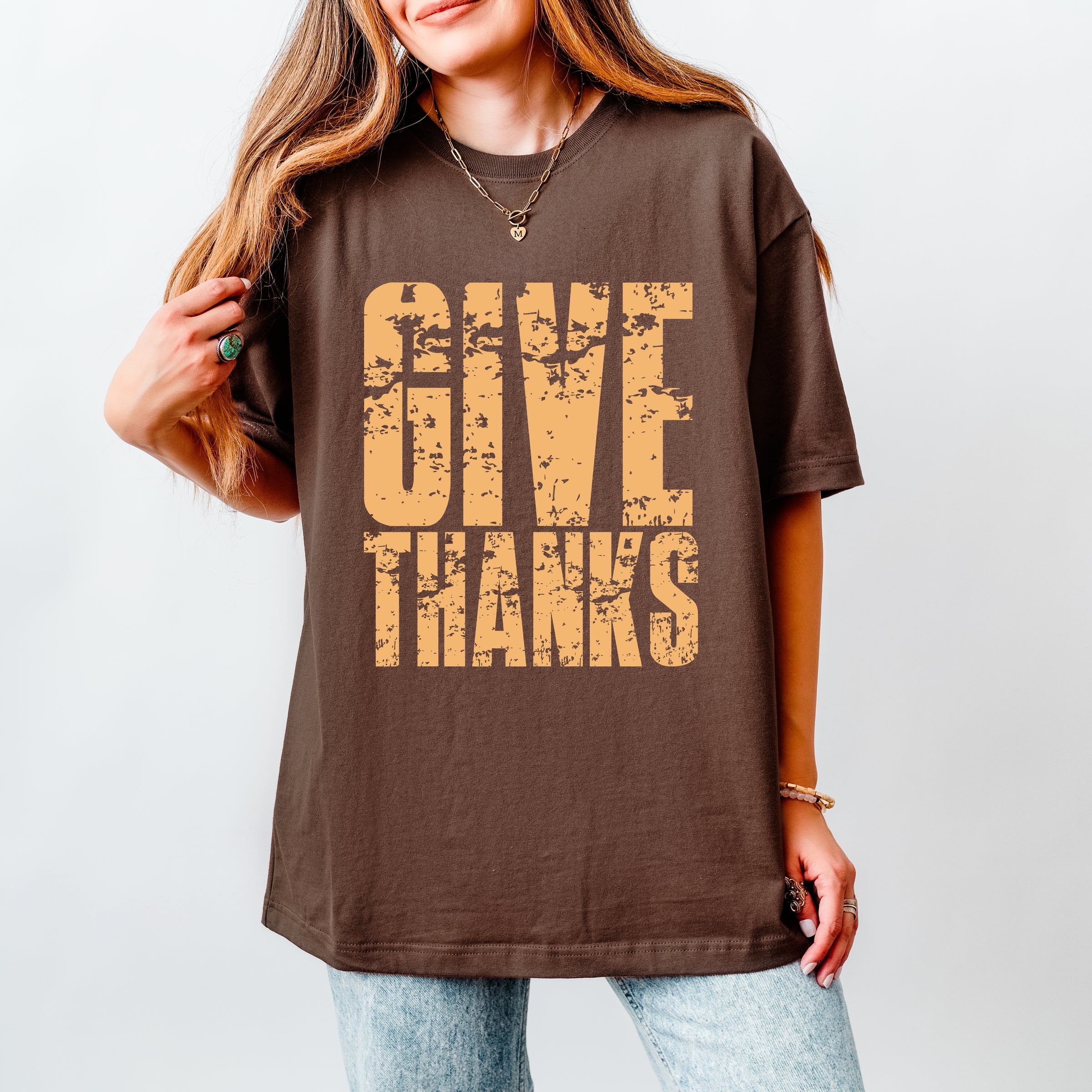 Give Thanks Block Distressed - Women's Heavyweight Graphic T-Shirt