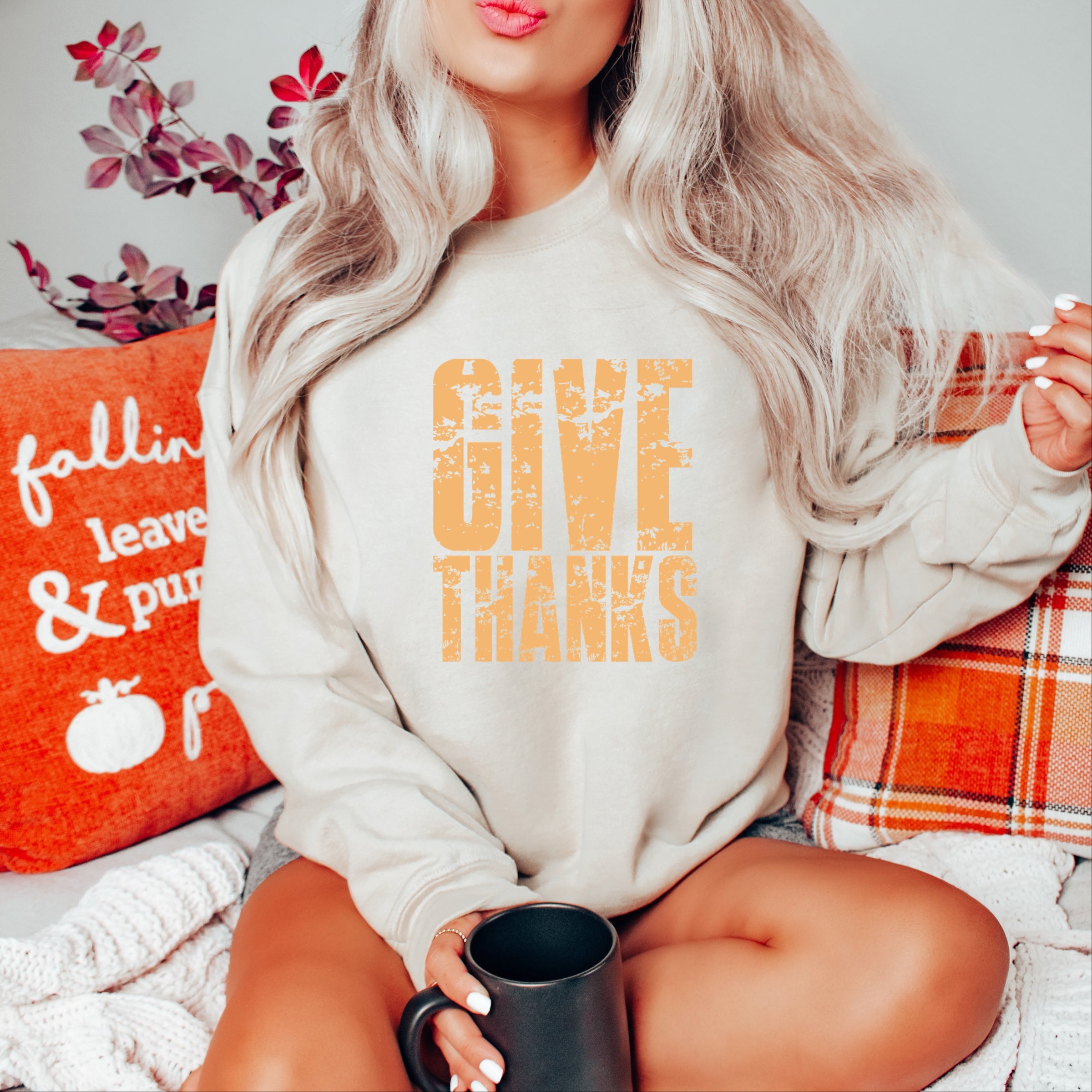 Give Thanks Block Distressed - Women's Graphic Sweatshirt