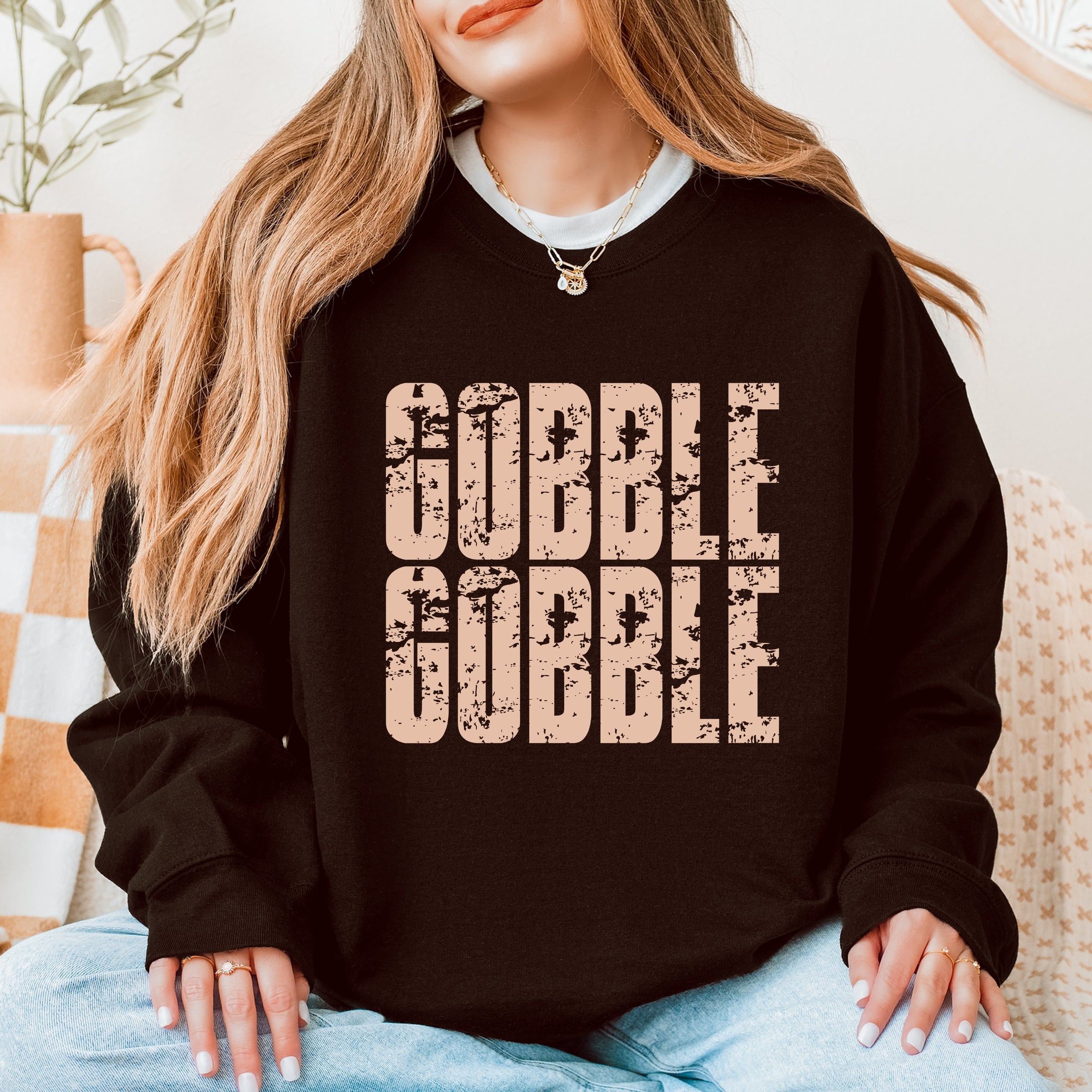 Gobble Gobble Block Distressed - Women's Graphic Sweatshirt