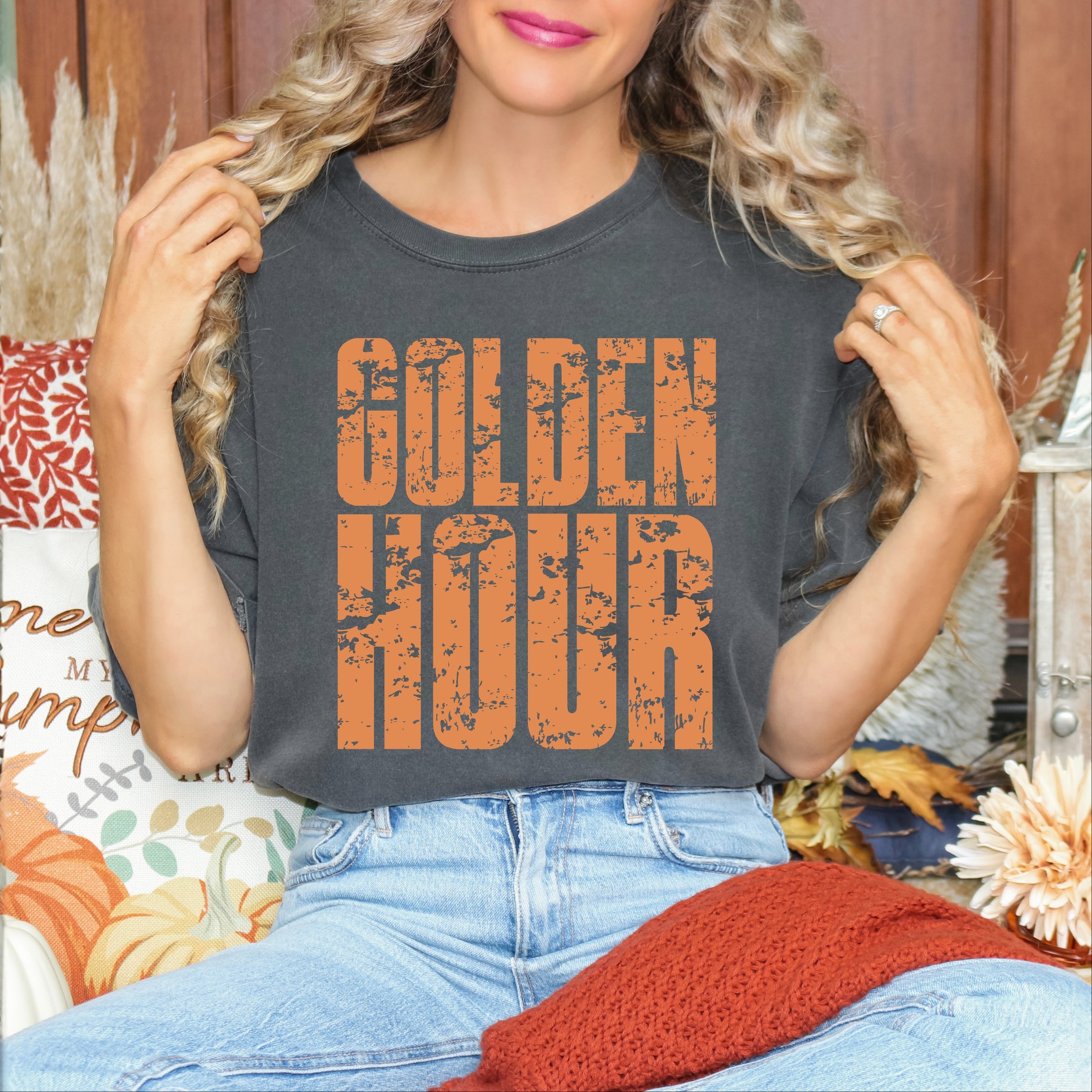 Golden Hour Block Distressed - Women's Garment Dyed Graphic T-Shirt