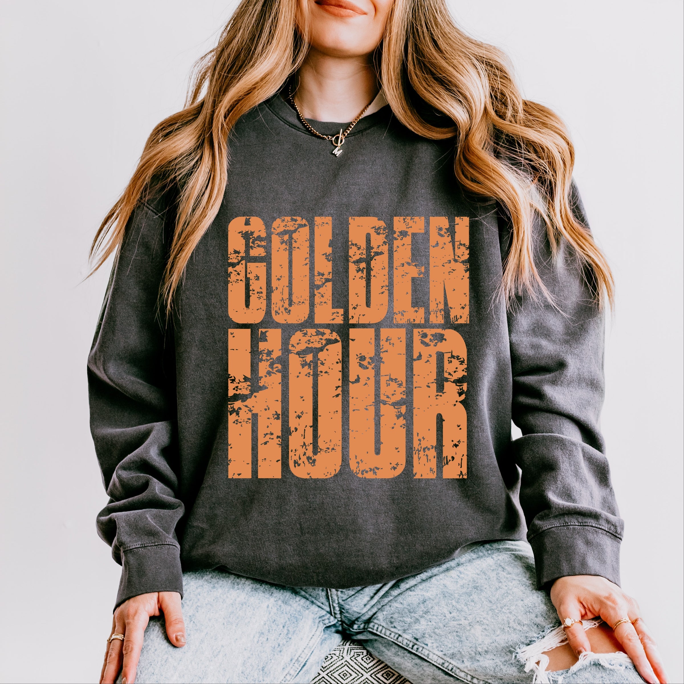 Golden Hour Block Distressed - Women's Lightweight Garment Dyed Sweatshirt
