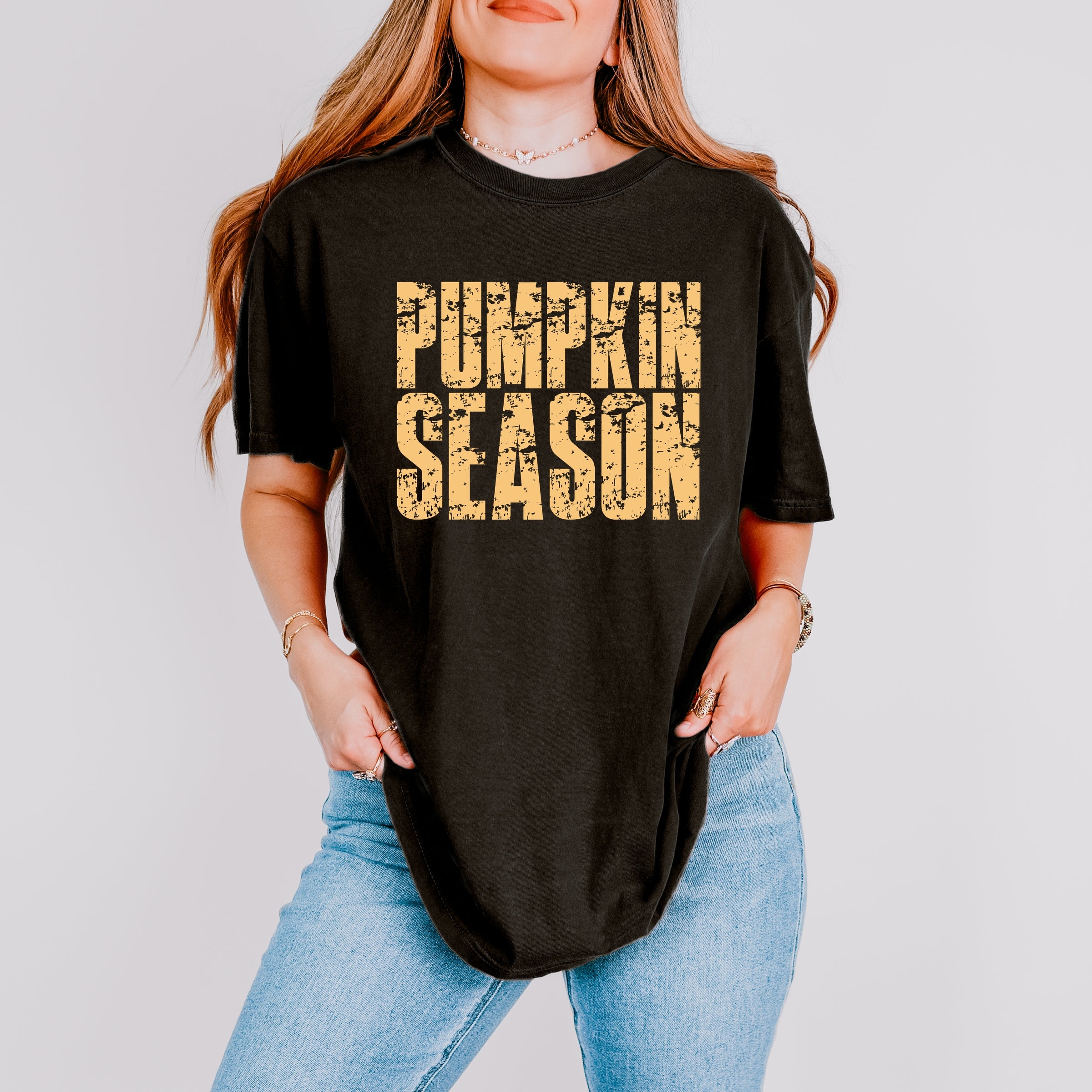 Pumpkin Season Block Distressed - Women's Garment Dyed Graphic T-Shirt