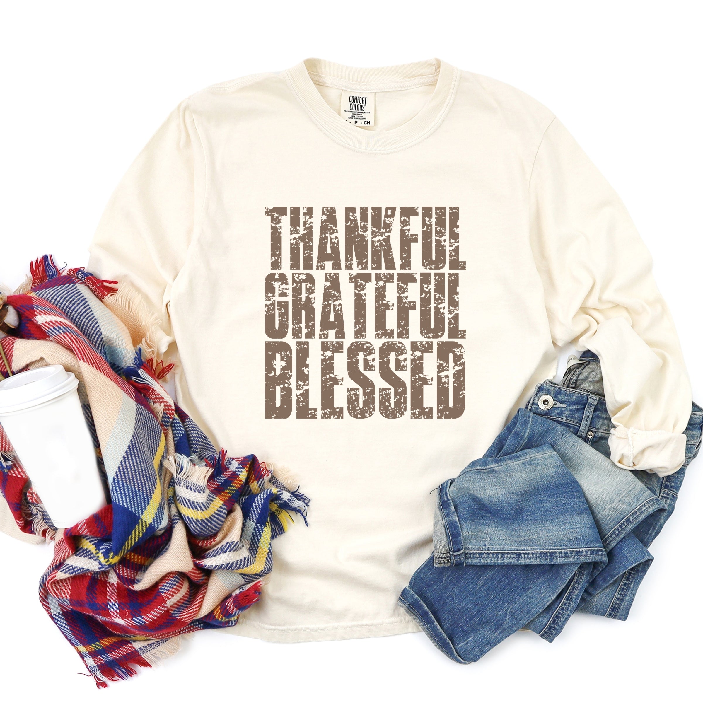 Thankful Grateful Blessed Block Distressed - Women's Garment Dyed Long Sleeve Graphic T-Shirt