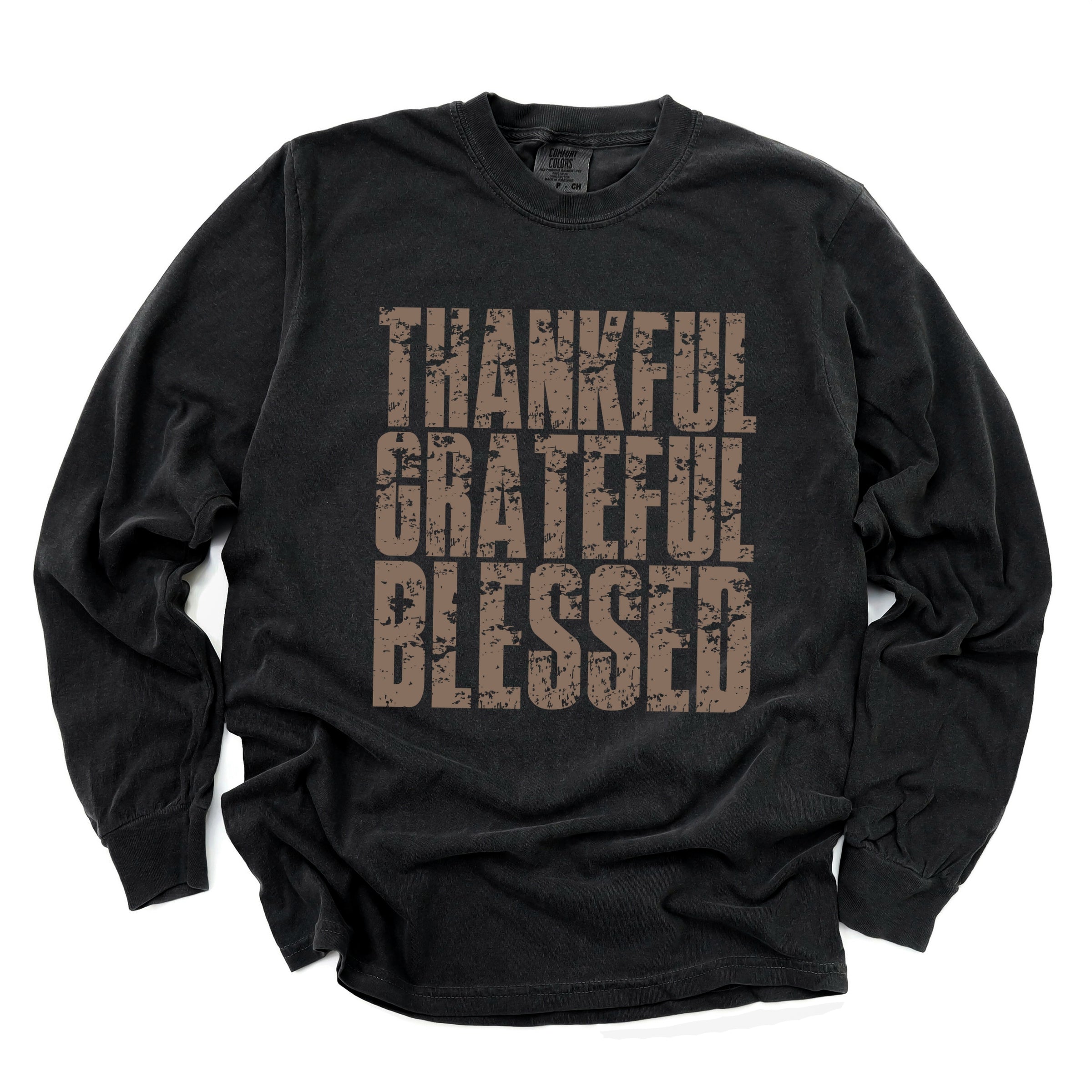 Thankful Grateful Blessed Block Distressed - Women's Garment Dyed Long Sleeve Graphic T-Shirt