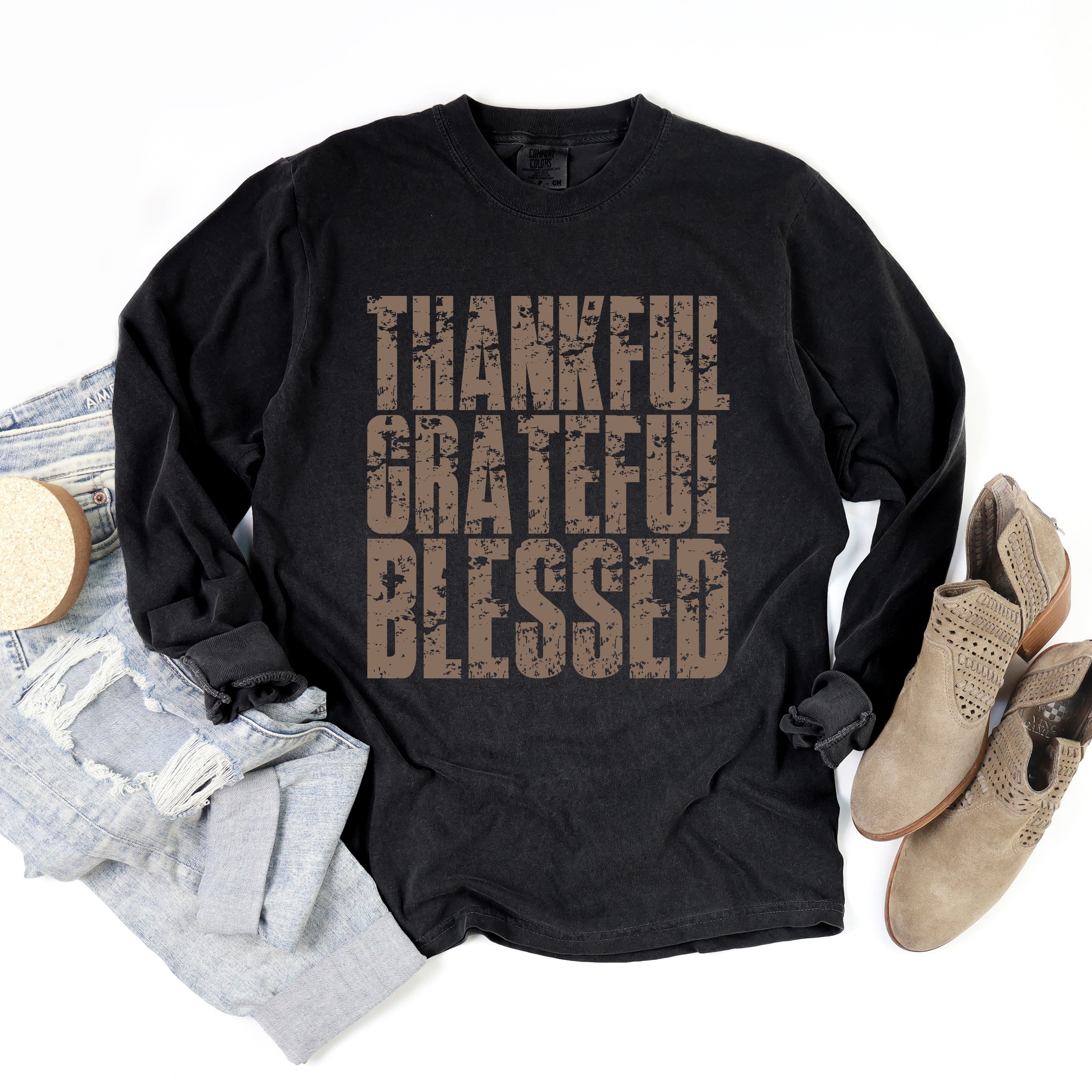 Thankful Grateful Blessed Block Distressed - Women's Garment Dyed Long Sleeve Graphic T-Shirt
