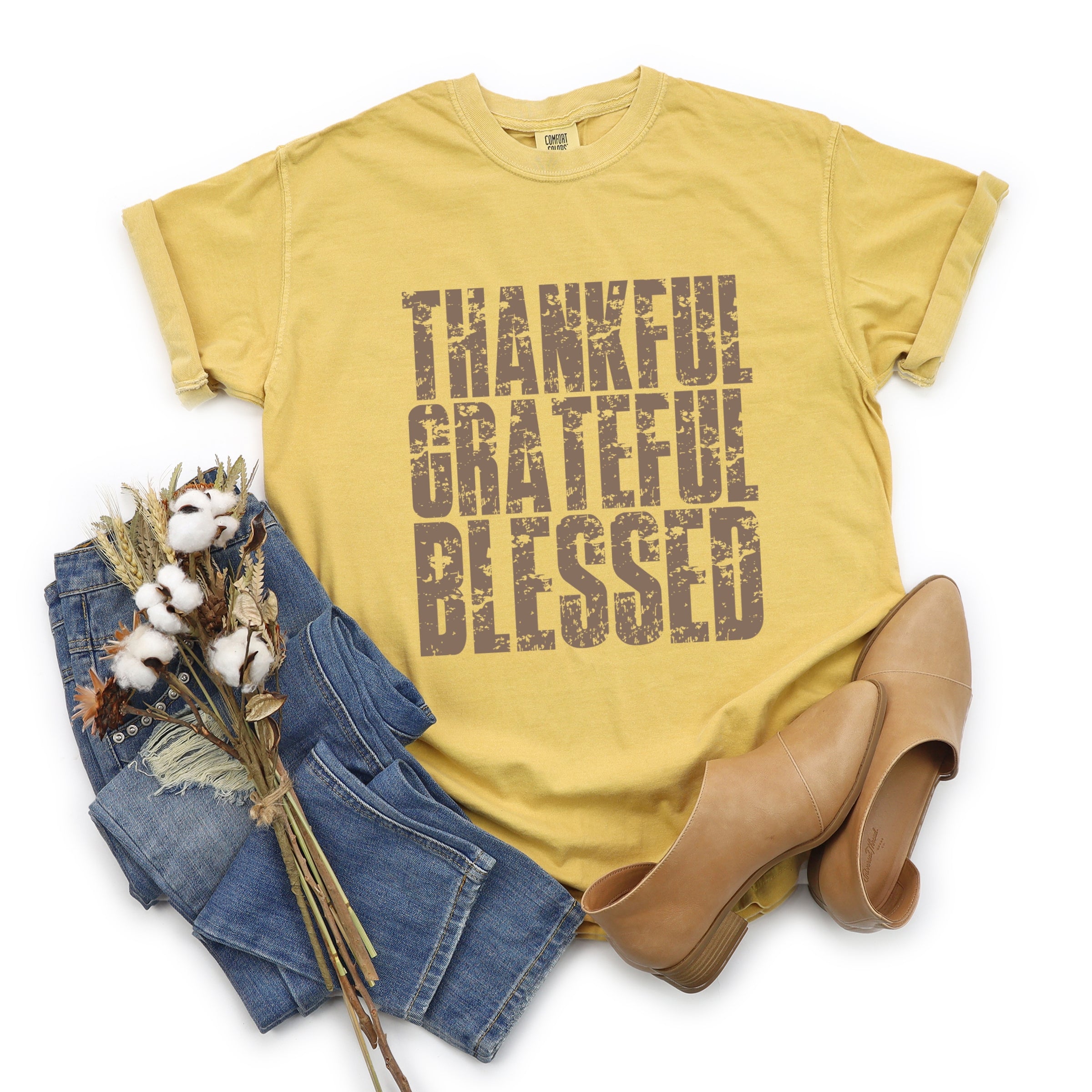 Thankful Grateful Blessed Block Distressed - Women's Garment Dyed Graphic T-Shirt