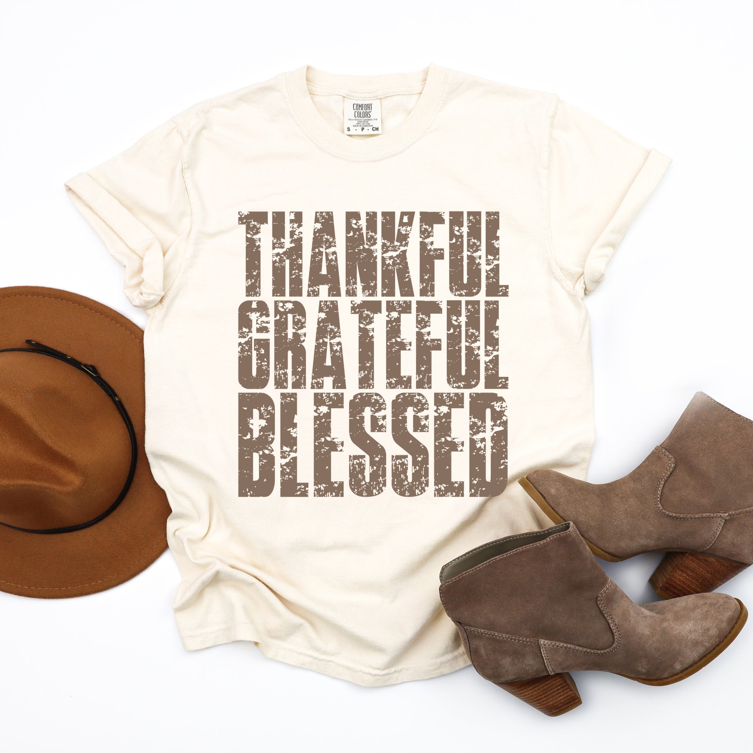 Thankful Grateful Blessed Block Distressed - Women's Garment Dyed Graphic T-Shirt