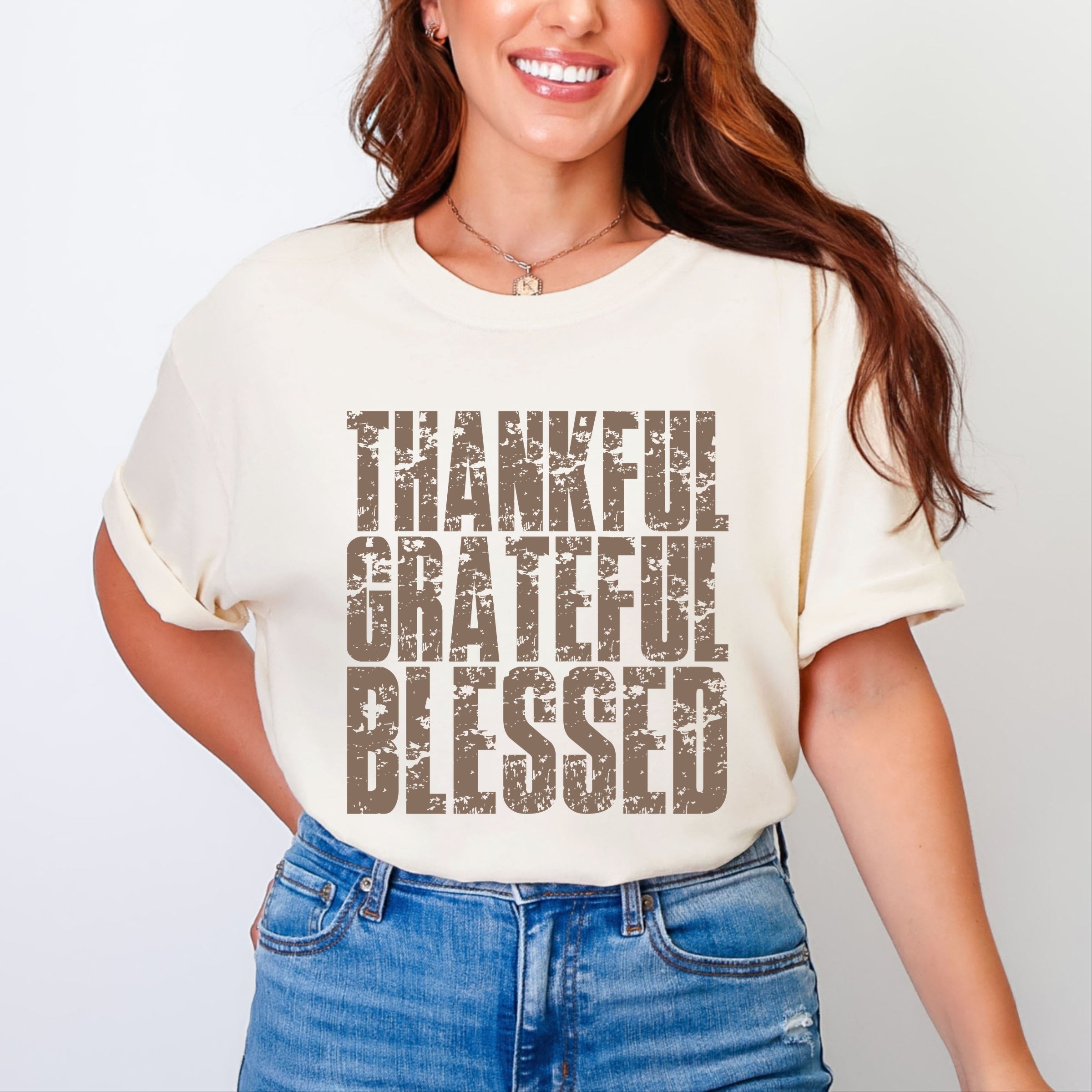 Thankful Grateful Blessed Block Distressed - Women's Garment Dyed Graphic T-Shirt