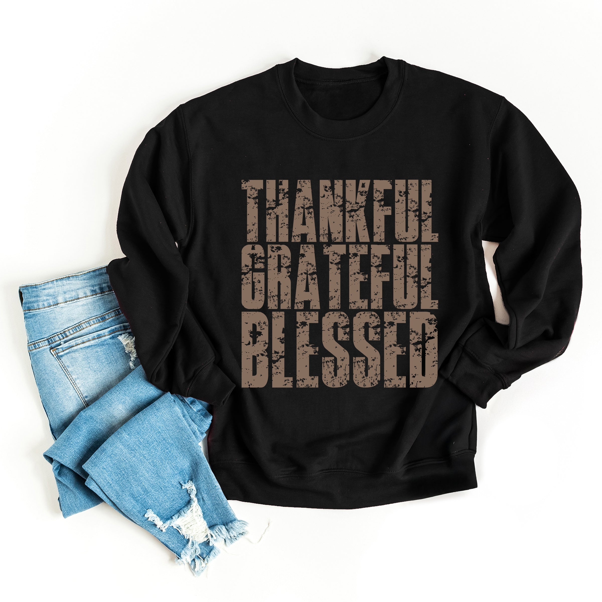 Thankful Grateful Blessed Block Distressed - Women's Graphic Sweatshirt