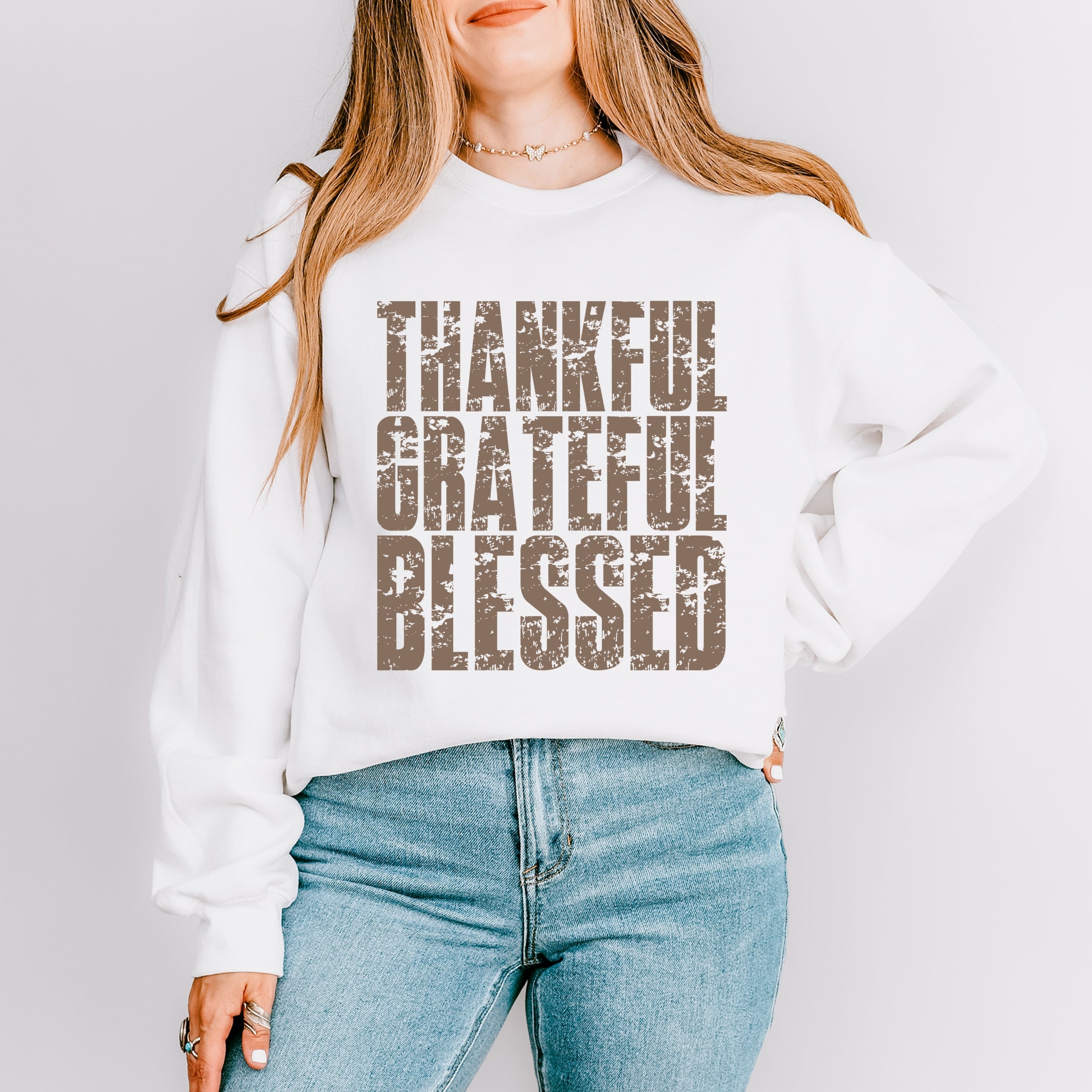 Thankful Grateful Blessed Block Distressed - Women's Graphic Sweatshirt
