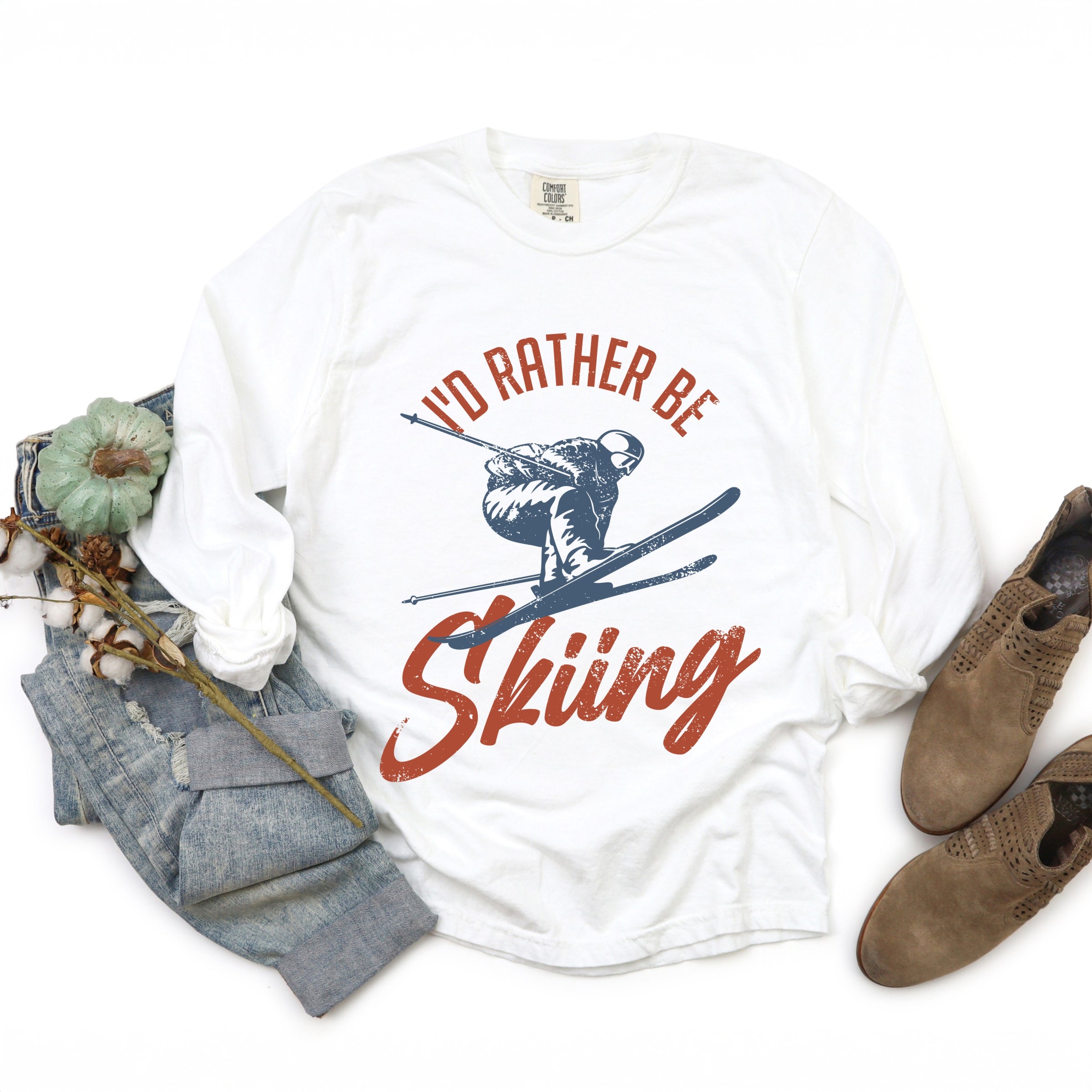 I'd Rather Be Skiing - Women's Garment Dyed Long Sleeve Graphic T-Shirt