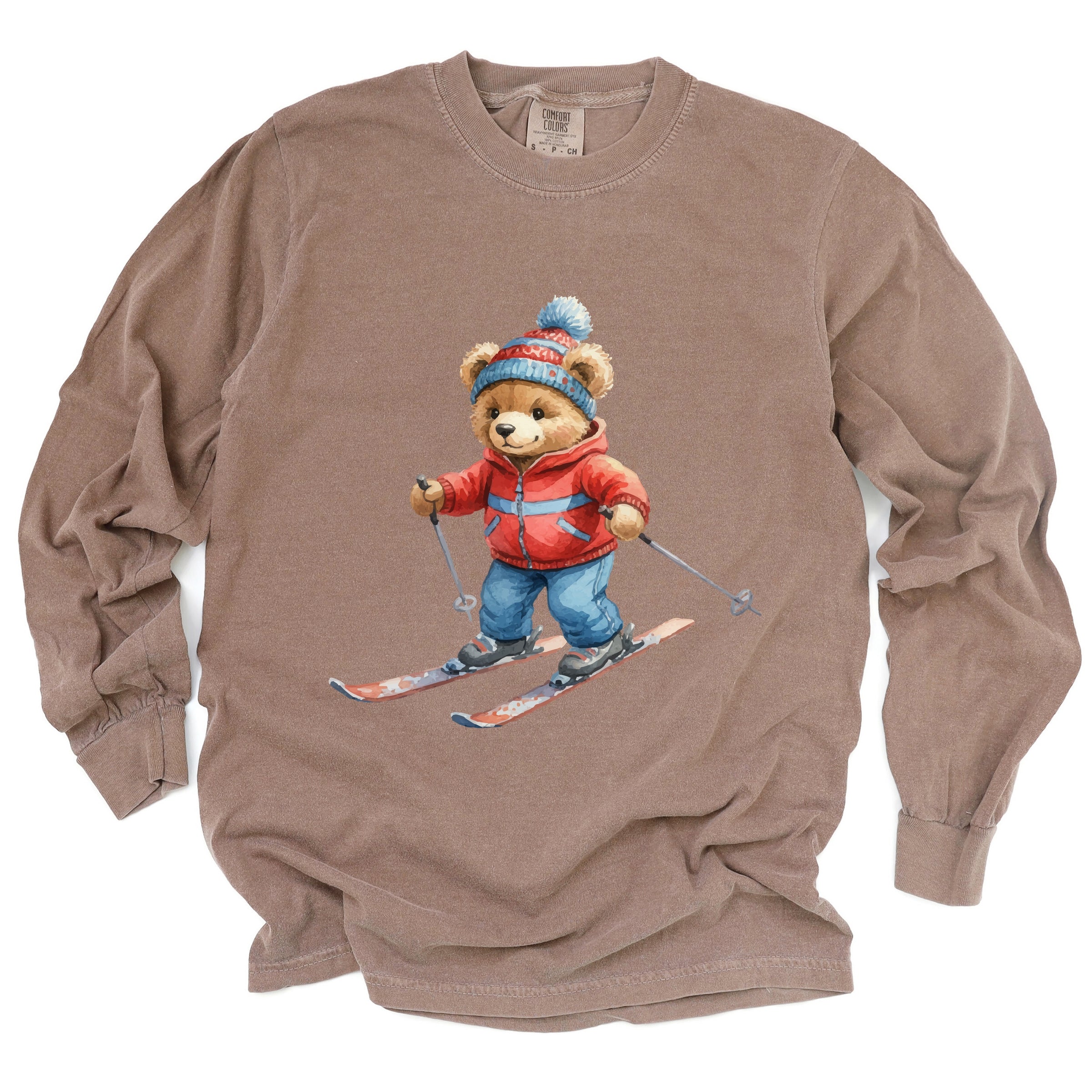 Skiing Bear Watercolor - Women's Garment Dyed Long Sleeve Graphic T-Shirt