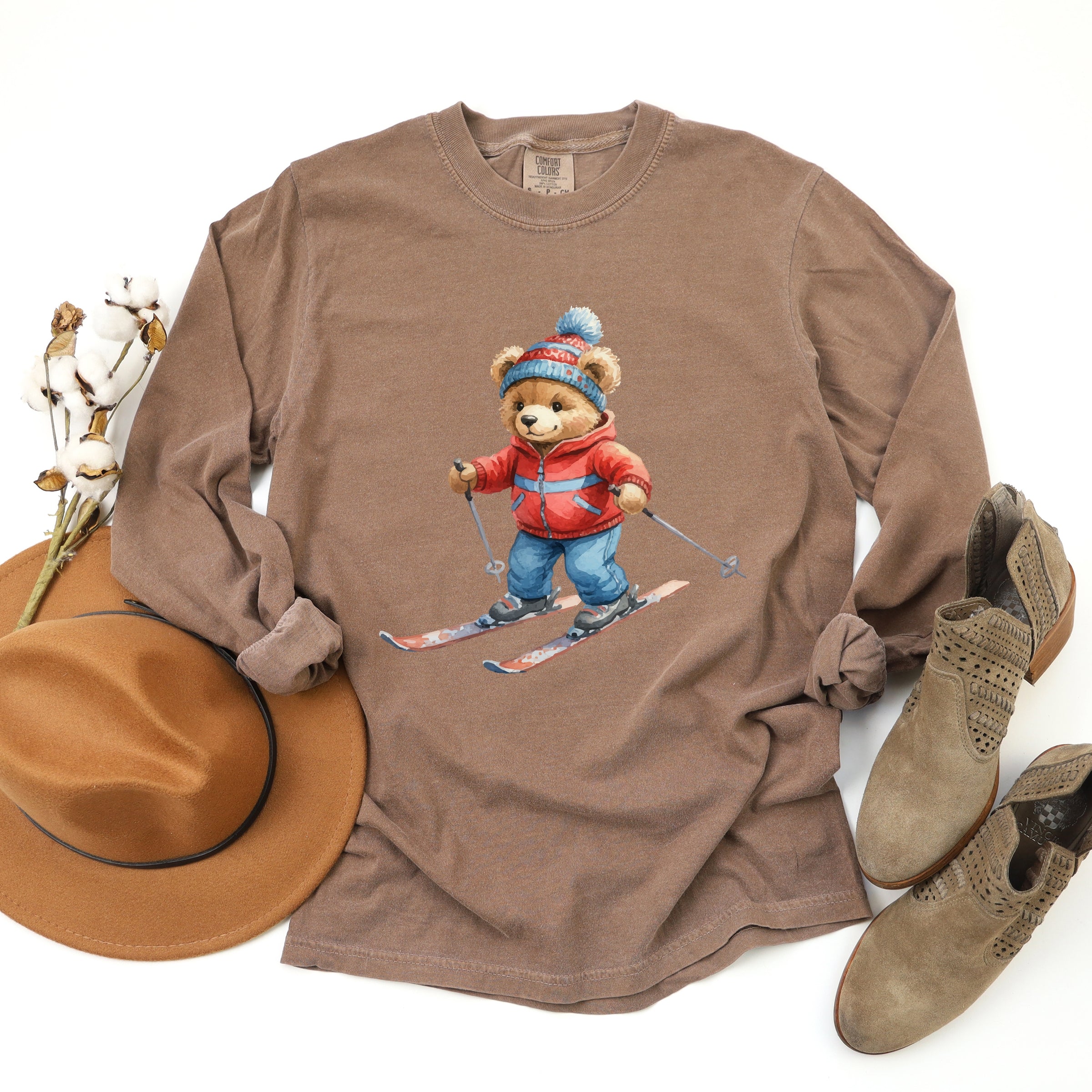 Skiing Bear Watercolor - Women's Garment Dyed Long Sleeve Graphic T-Shirt