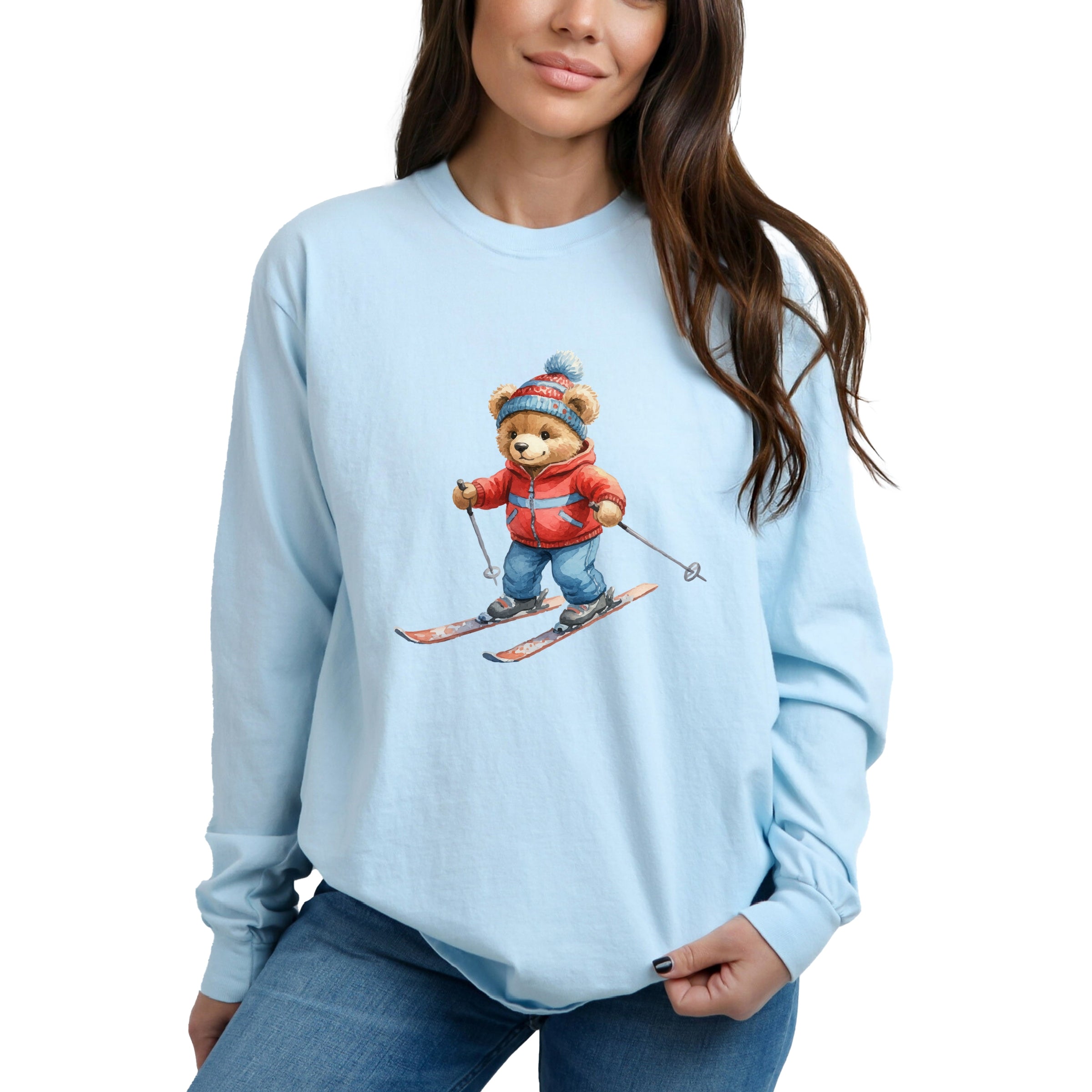 Skiing Bear Watercolor - Women's Garment Dyed Long Sleeve Graphic T-Shirt