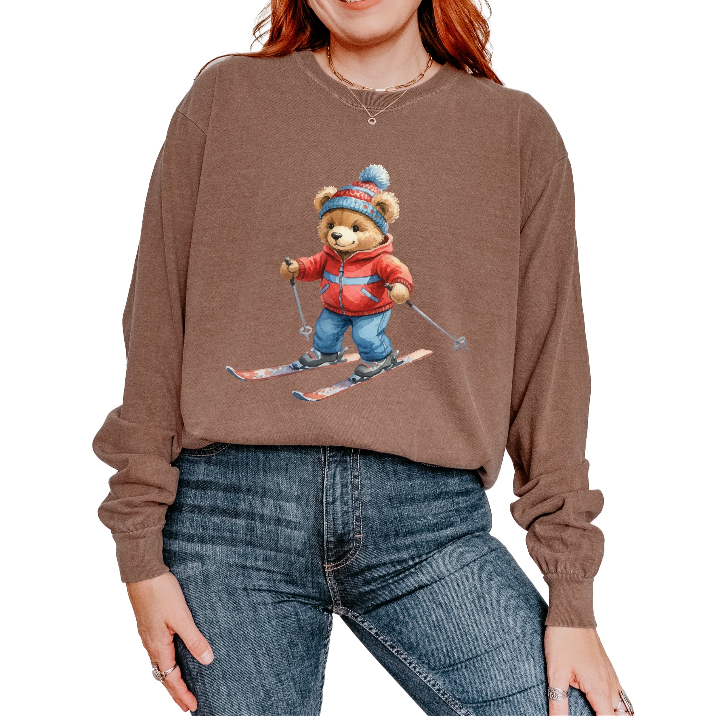 Skiing Bear Watercolor - Women's Garment Dyed Long Sleeve Graphic T-Shirt