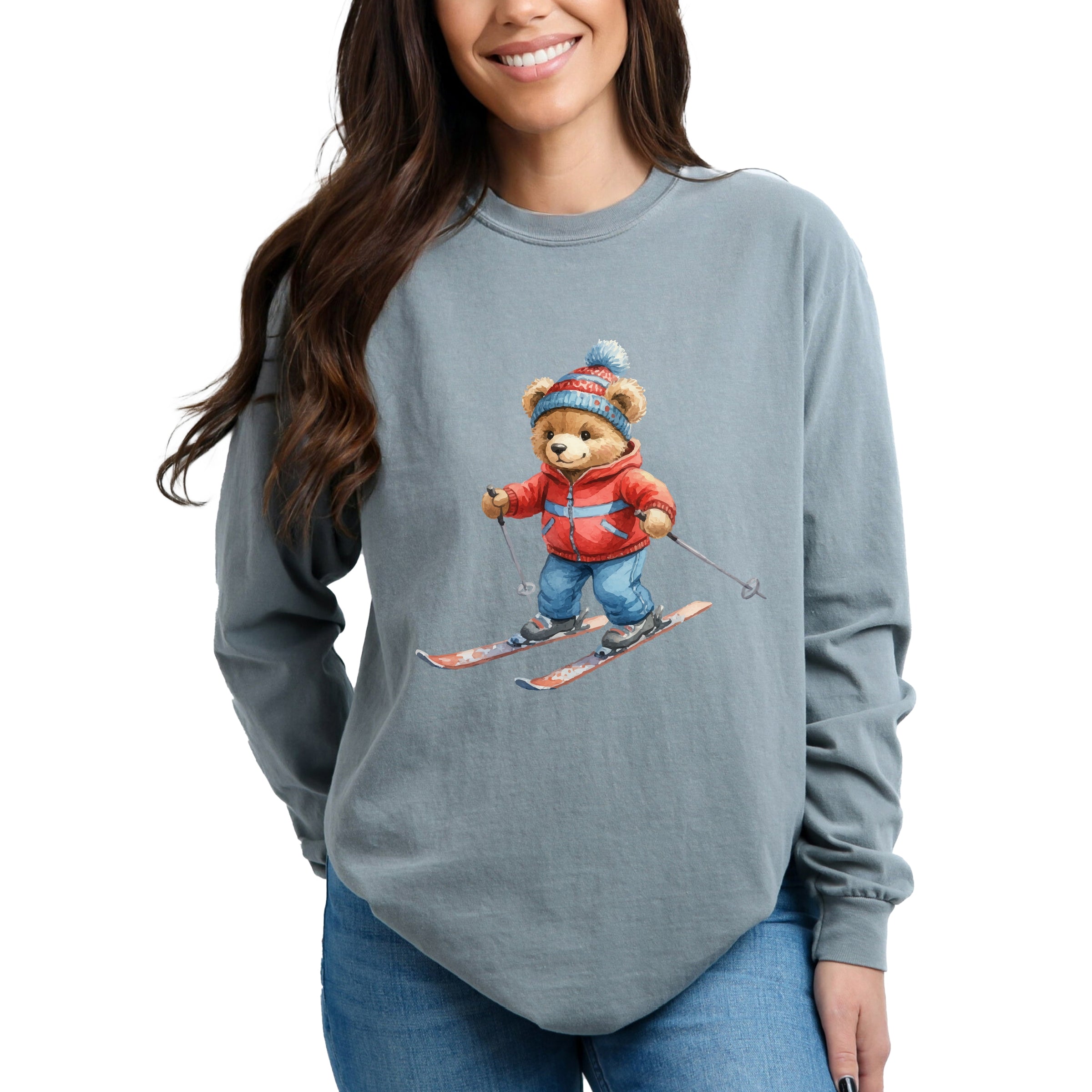 Skiing Bear Watercolor - Women's Garment Dyed Long Sleeve Graphic T-Shirt