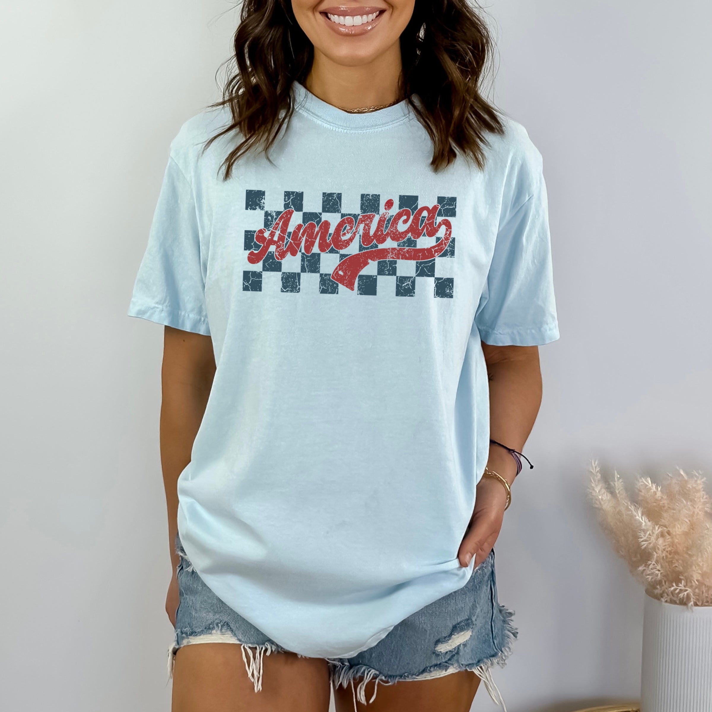 Checkered America Retro - Women's Garment Dyed Graphic T-Shirt