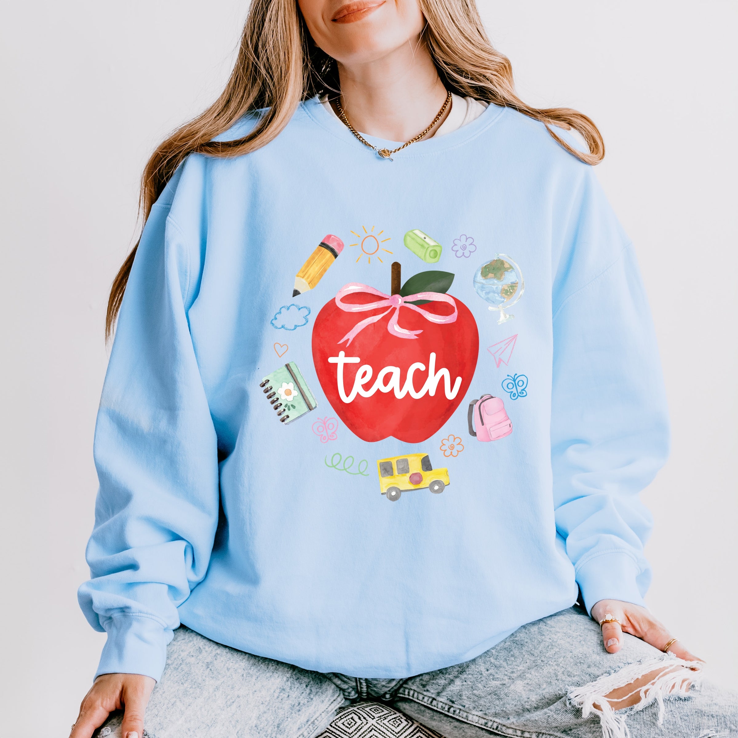 Teach Apple Watercolor - Lightweight Garment Dyed Sweatshirt