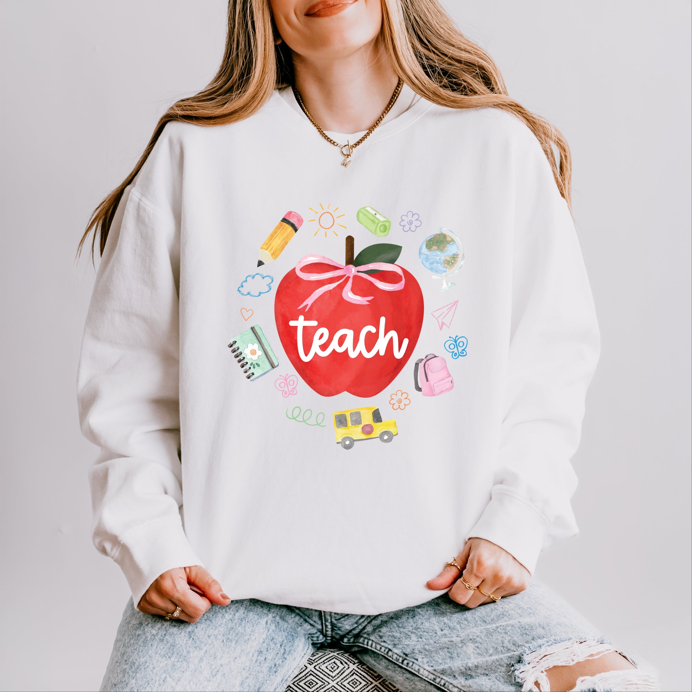 Teach Apple Watercolor - Lightweight Garment Dyed Sweatshirt