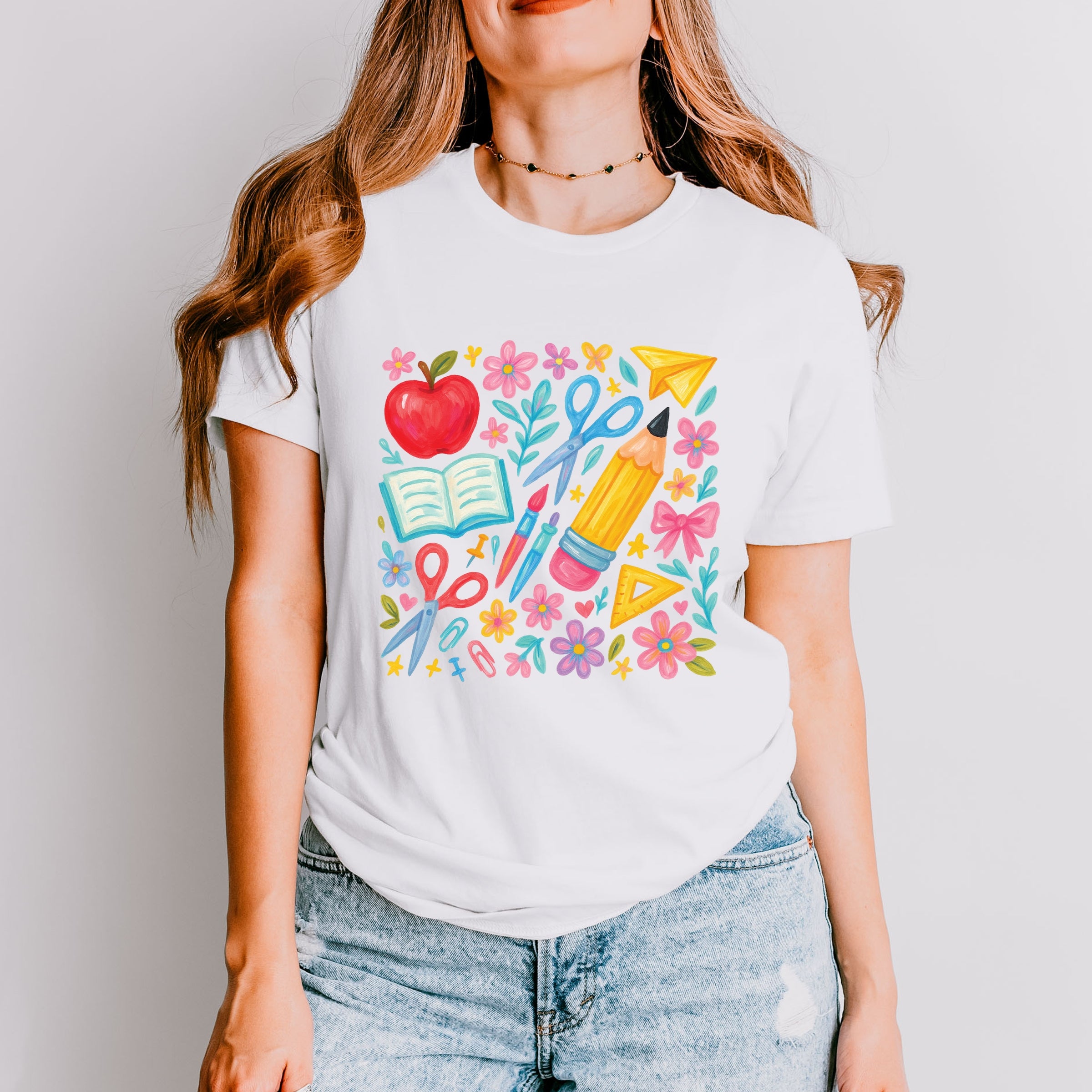 Watercolor Teacher Apple Collage - Womens Short Sleeve Tee