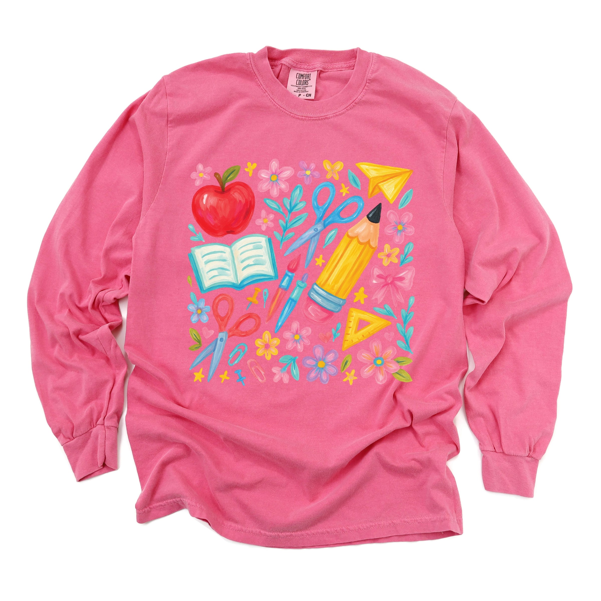 Watercolor Teacher Apple Collage - Womens Garment Dyed Long Sleeve