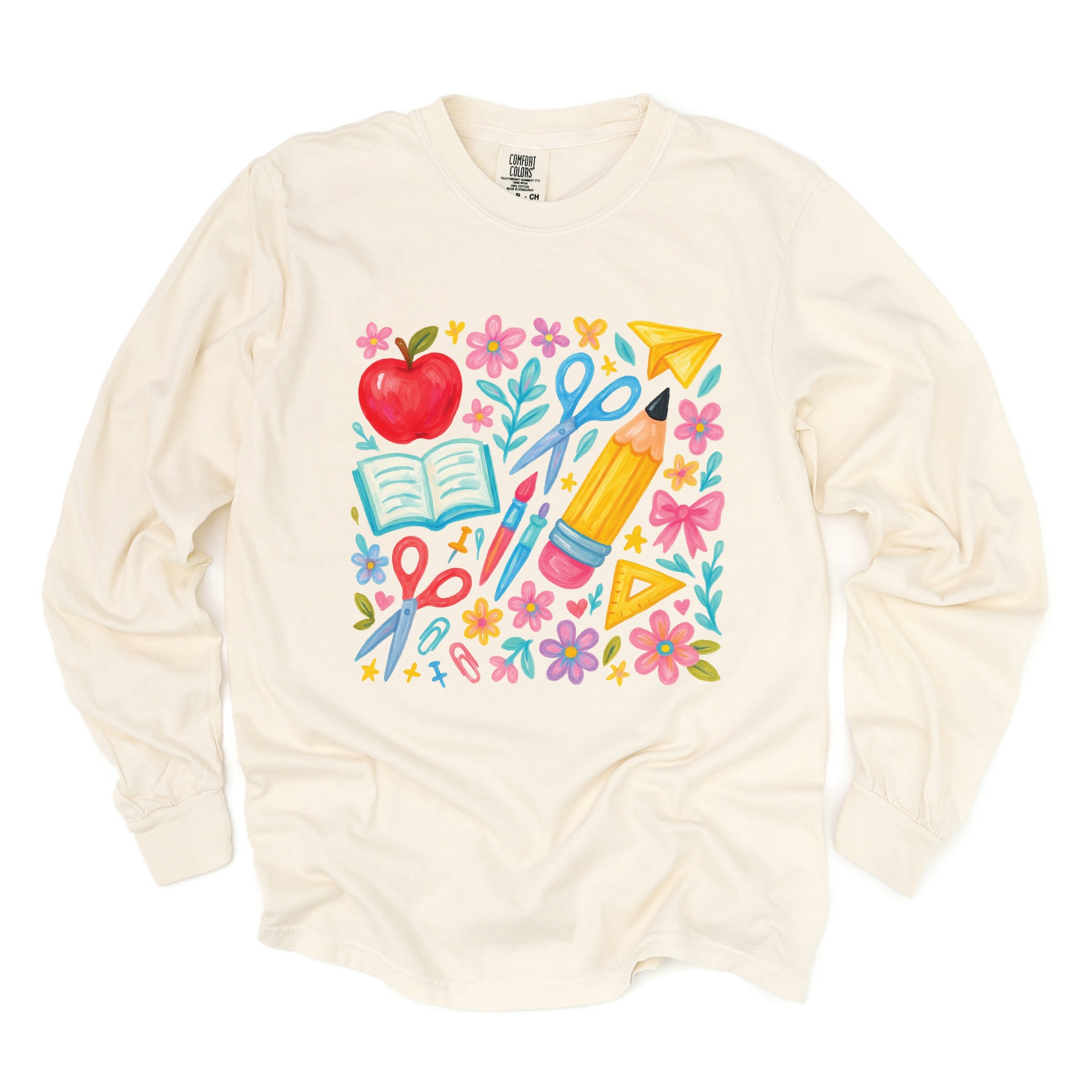 Watercolor Teacher Apple Collage - Womens Garment Dyed Long Sleeve
