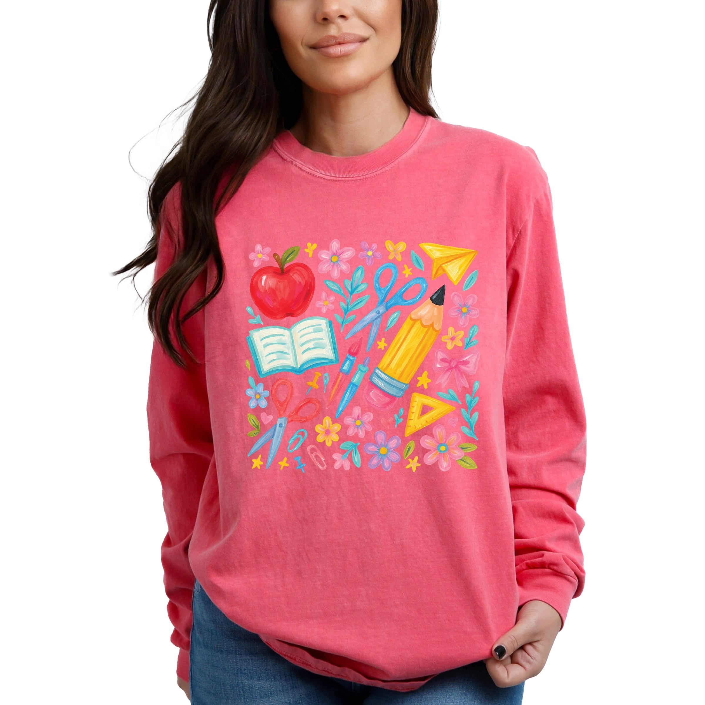 Watercolor Teacher Apple Collage - Womens Garment Dyed Long Sleeve