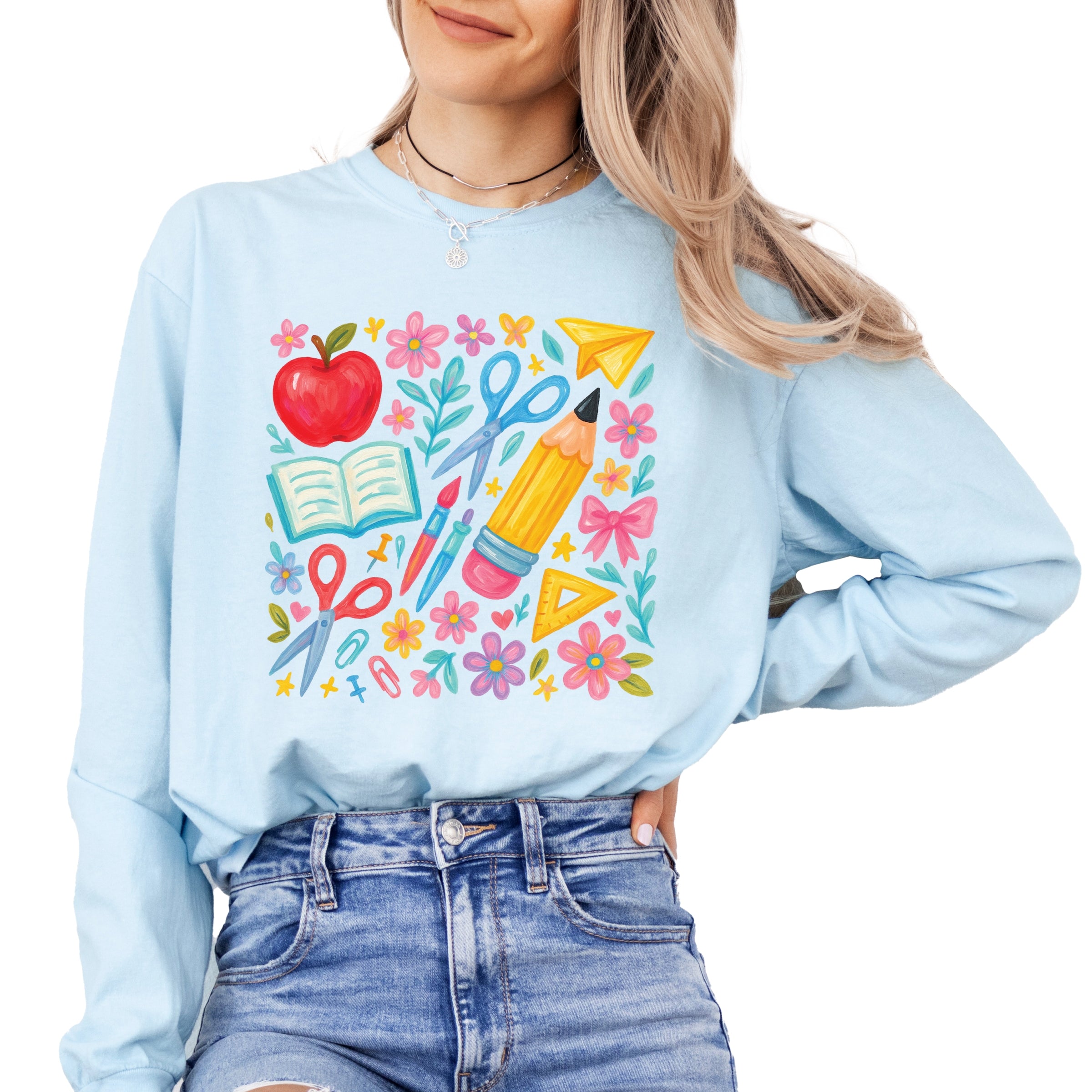 Watercolor Teacher Apple Collage - Womens Garment Dyed Long Sleeve