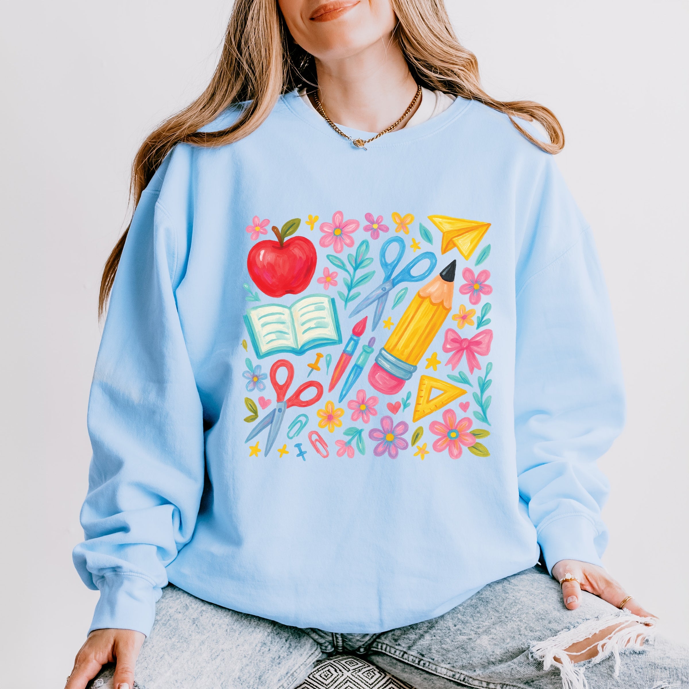 Watercolor Teacher Apple Collage - Womens Lightweight Garment Dyed Sweatshirt