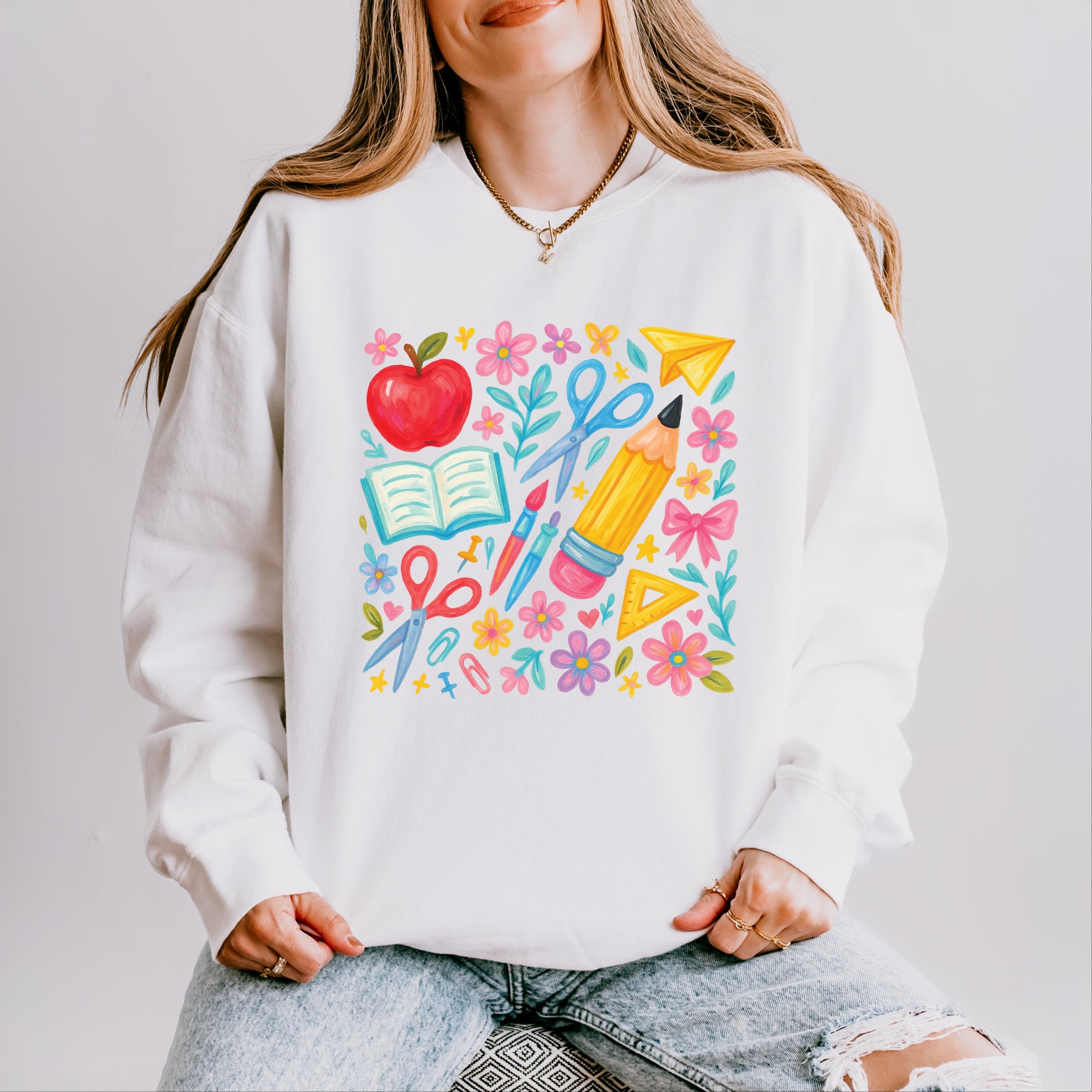 Watercolor Teacher Apple Collage - Womens Lightweight Garment Dyed Sweatshirt