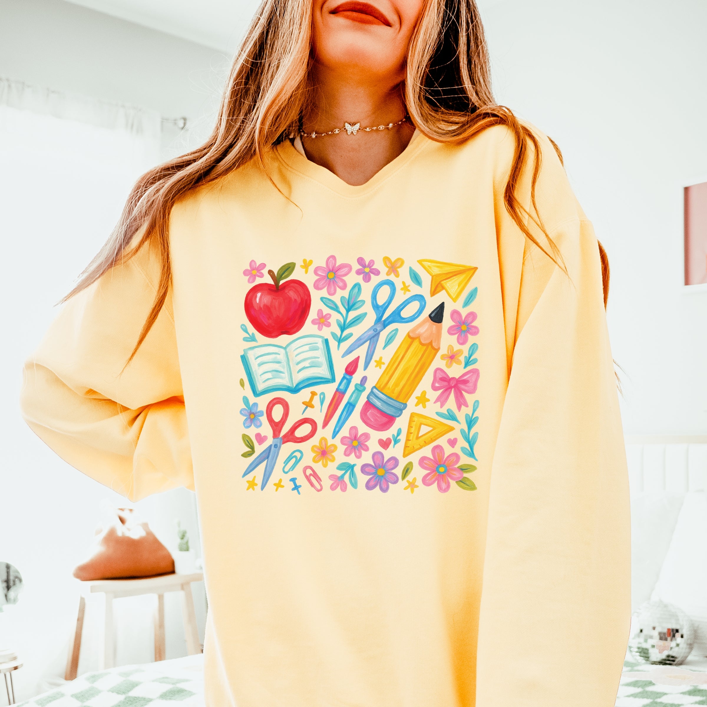 Watercolor Teacher Apple Collage - Womens Lightweight Garment Dyed Sweatshirt