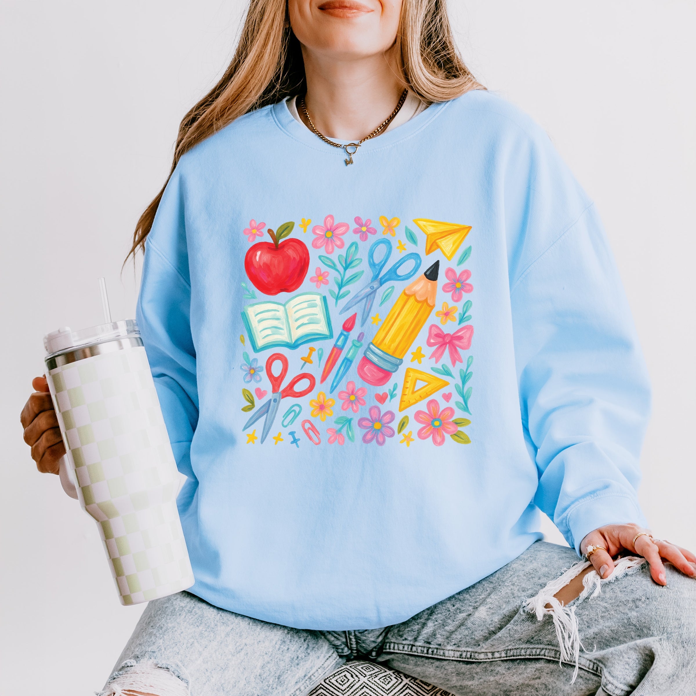 Watercolor Teacher Apple Collage - Womens Lightweight Garment Dyed Sweatshirt
