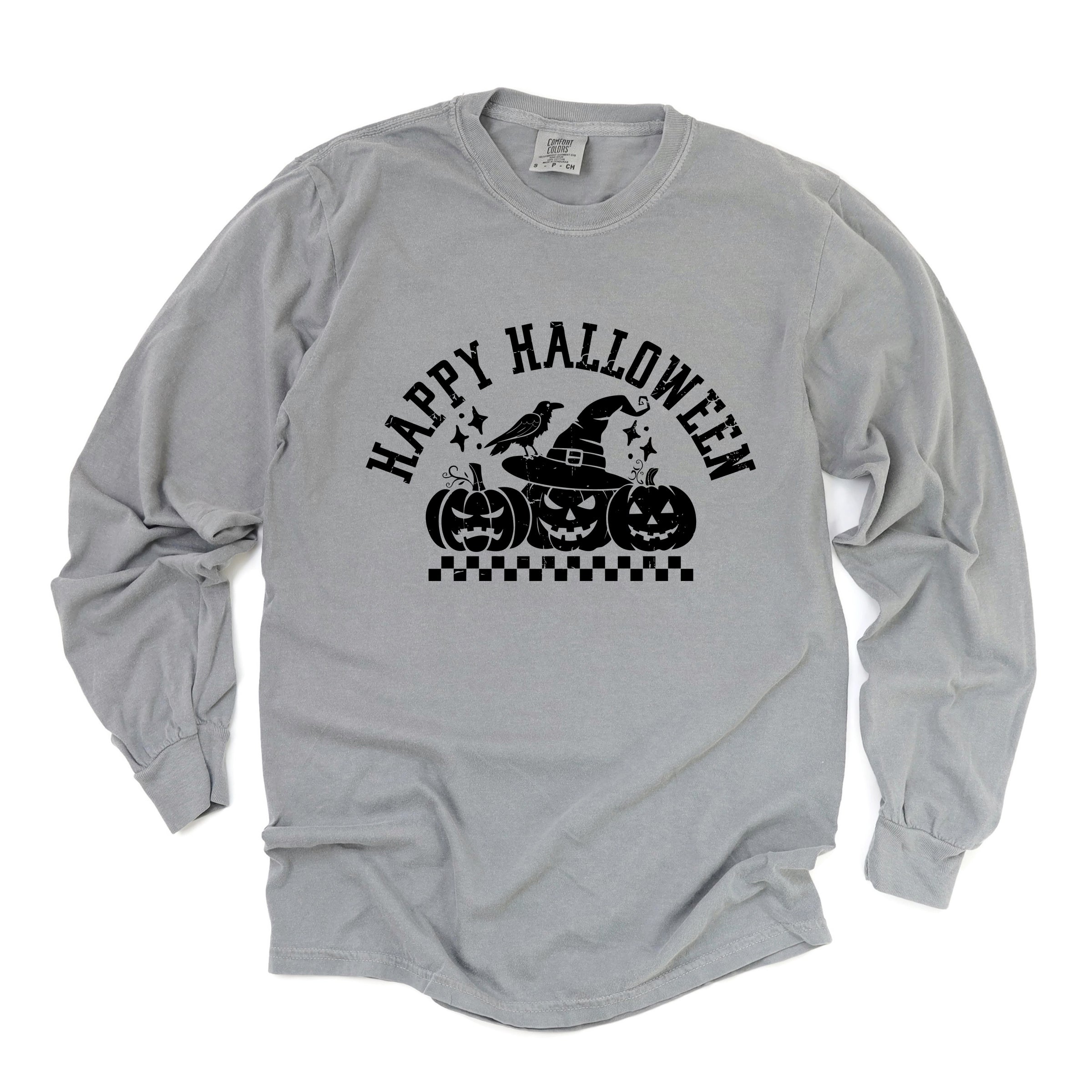 Happy Halloween Arch Distressed - Women's Garment Dyed Long Sleeve Graphic T-Shirt