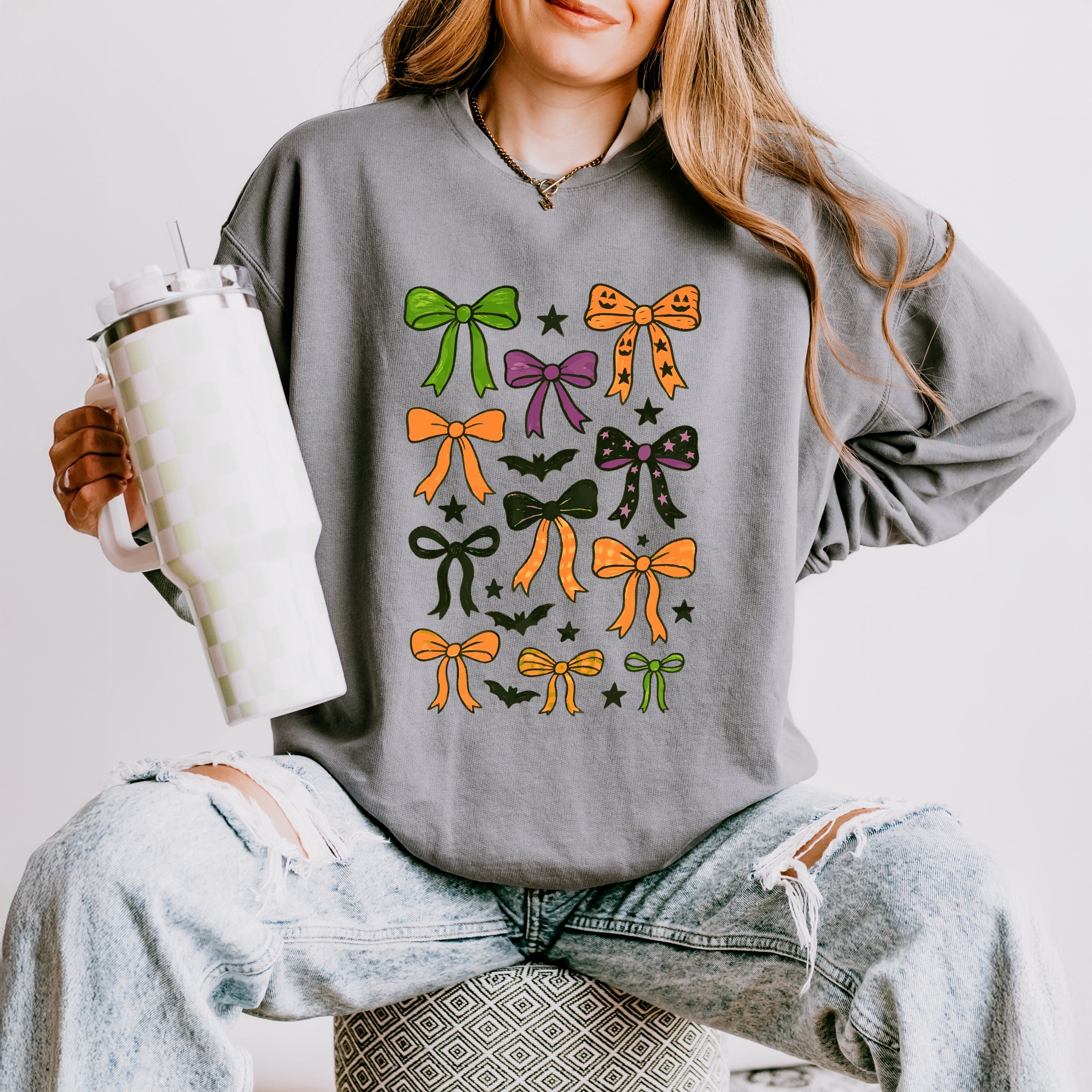 Coquette Colorful Halloween Bows - Women's Lightweight Garment Dyed Sweatshirt