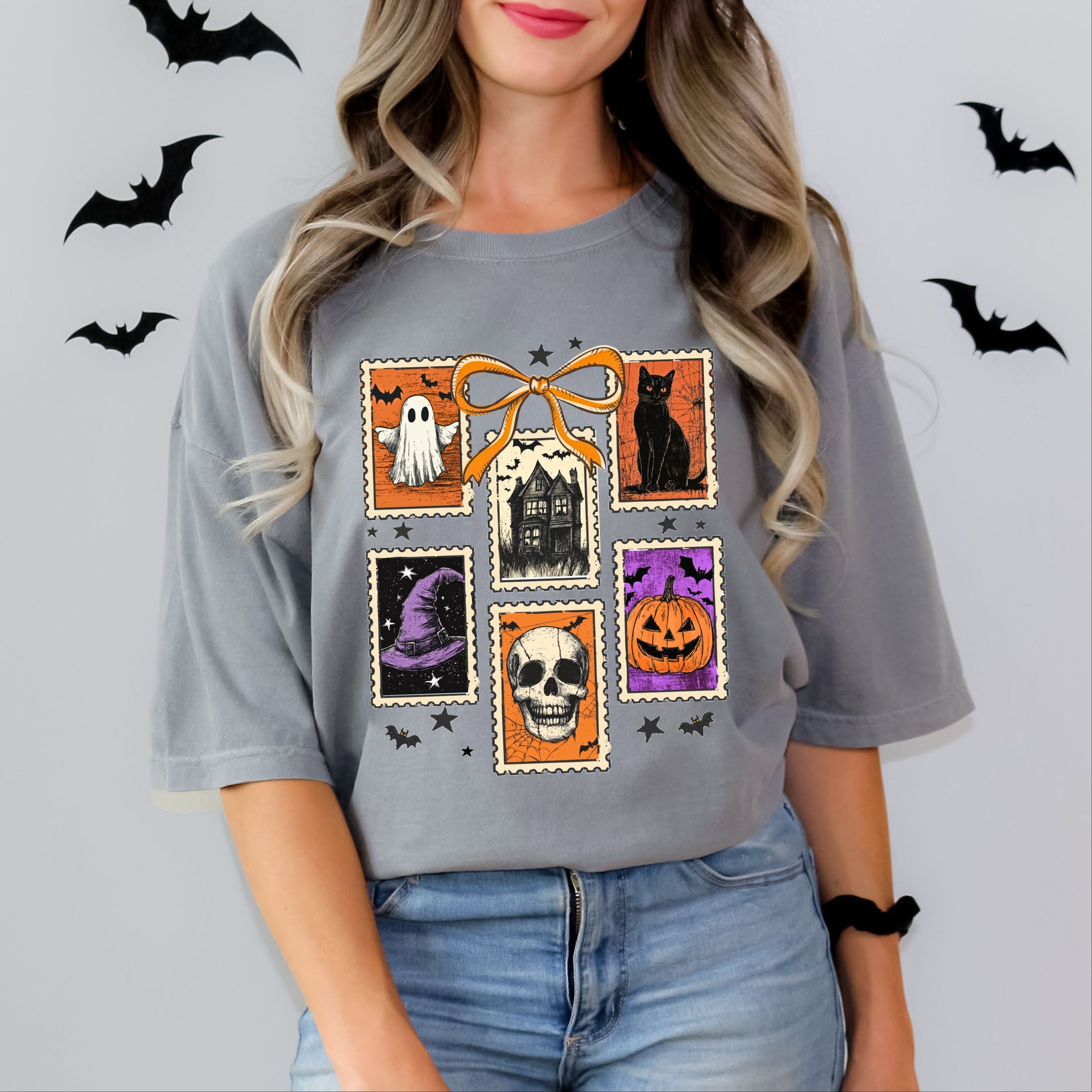 Coquette Halloween Stamps - Women's Garment Dyed Graphic T-Shirt