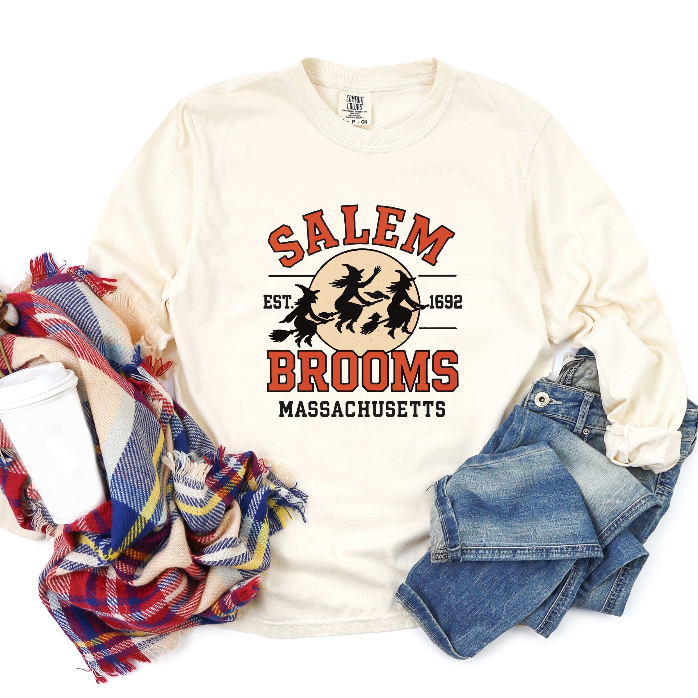 Salem Brooms Massachusetts - Women's Garment Dyed Long Sleeve Graphic T-Shirt