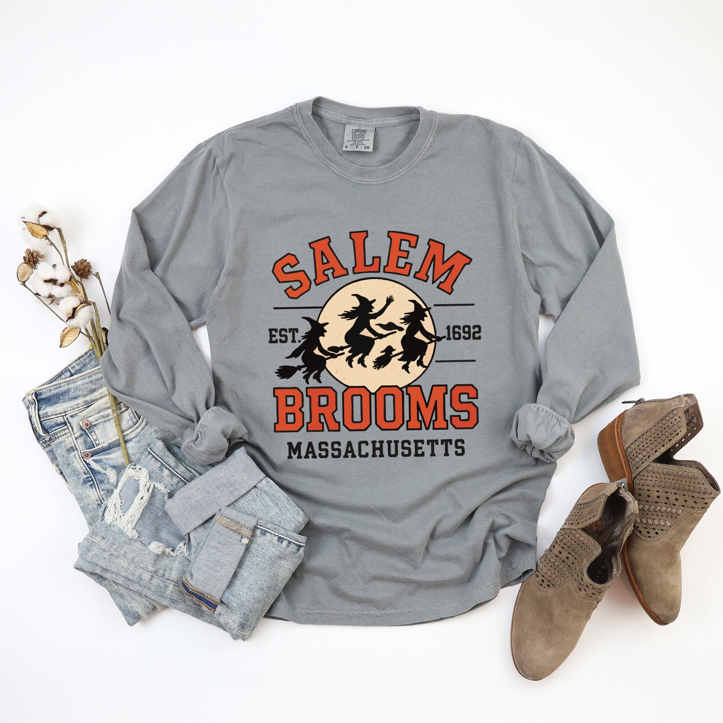 Salem Brooms Massachusetts - Women's Garment Dyed Long Sleeve Graphic T-Shirt
