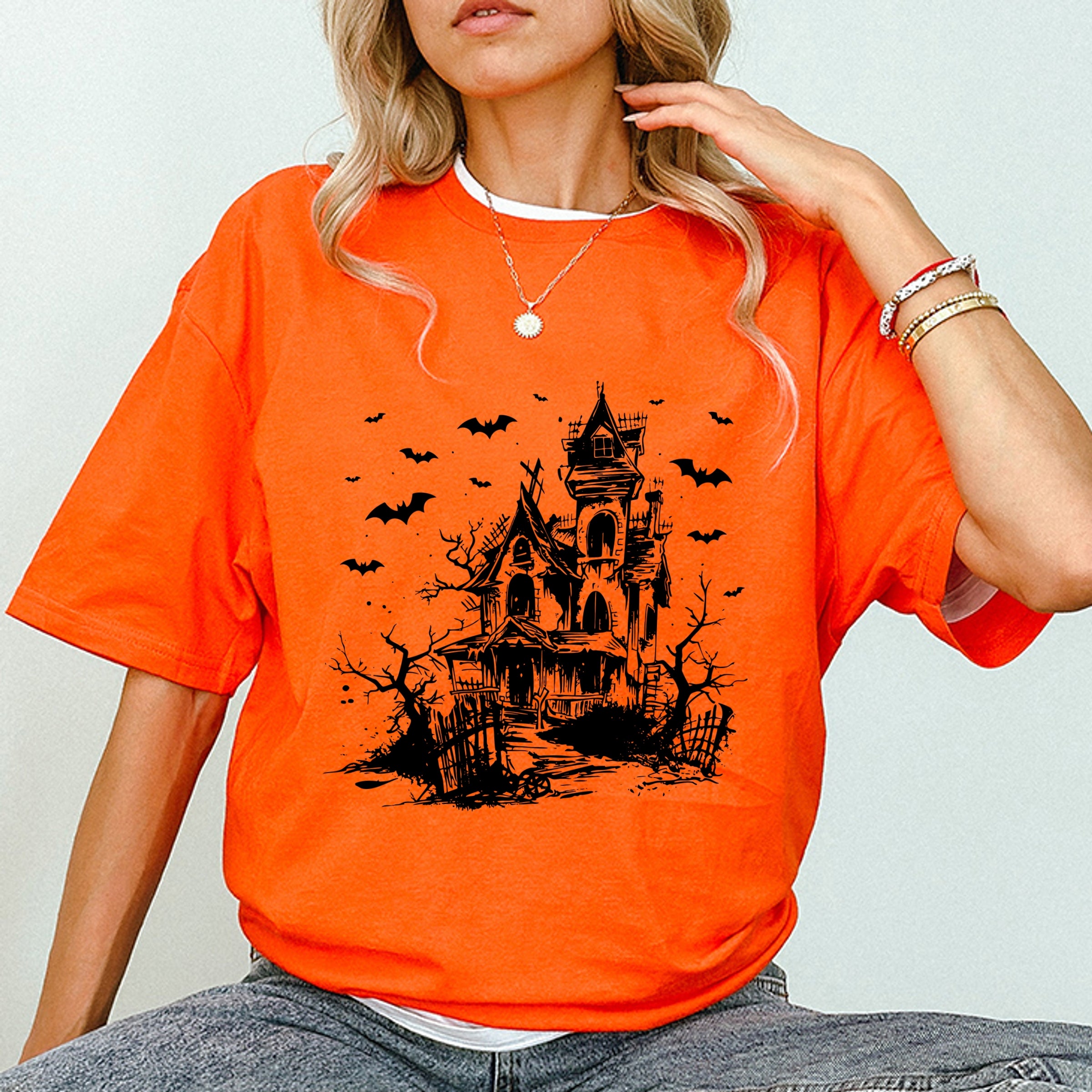 Haunted House And Bats - Women's Short Sleeve Graphic T-Shirt