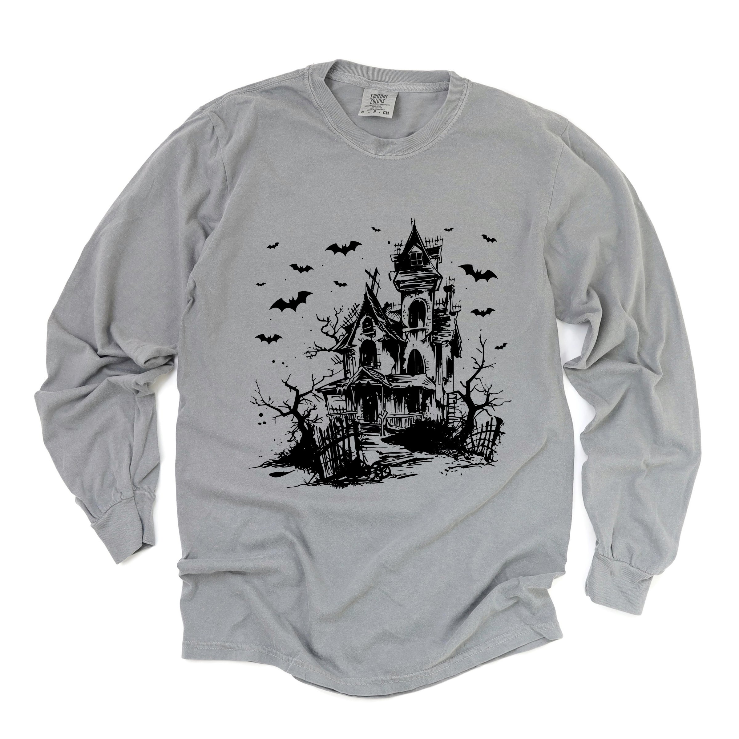 Haunted House And Bats - Women's Garment Dyed Long Sleeve Graphic T-Shirt