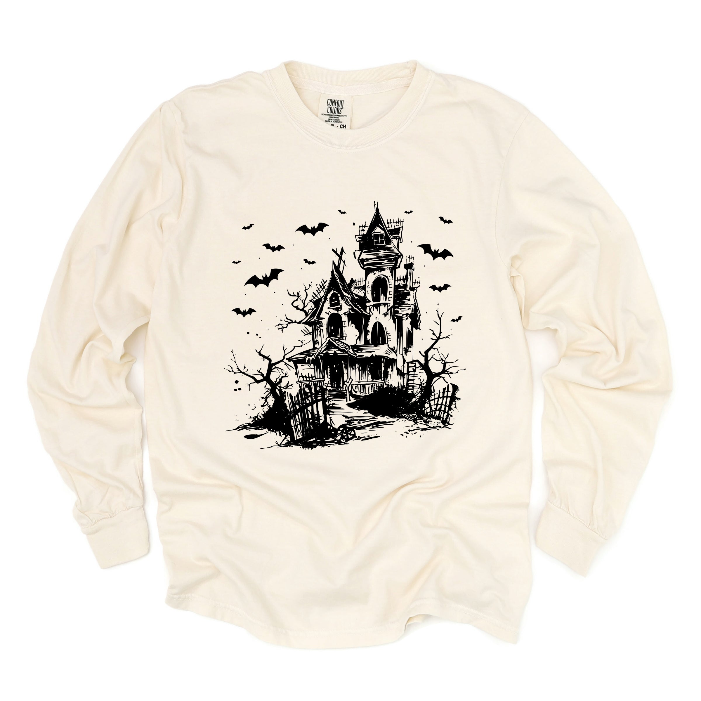 Haunted House And Bats - Women's Garment Dyed Long Sleeve Graphic T-Shirt